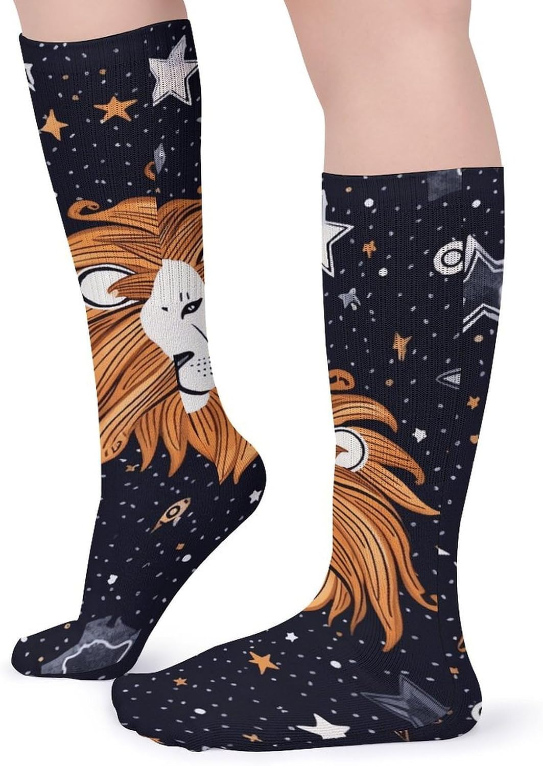 Breathable Crew Sock, Moisture Wicking, Athletic Calf Socks, Cozy | Lion And Stars Compression Socks for Women Men, Lightweight High Work Socks for Business, Casual