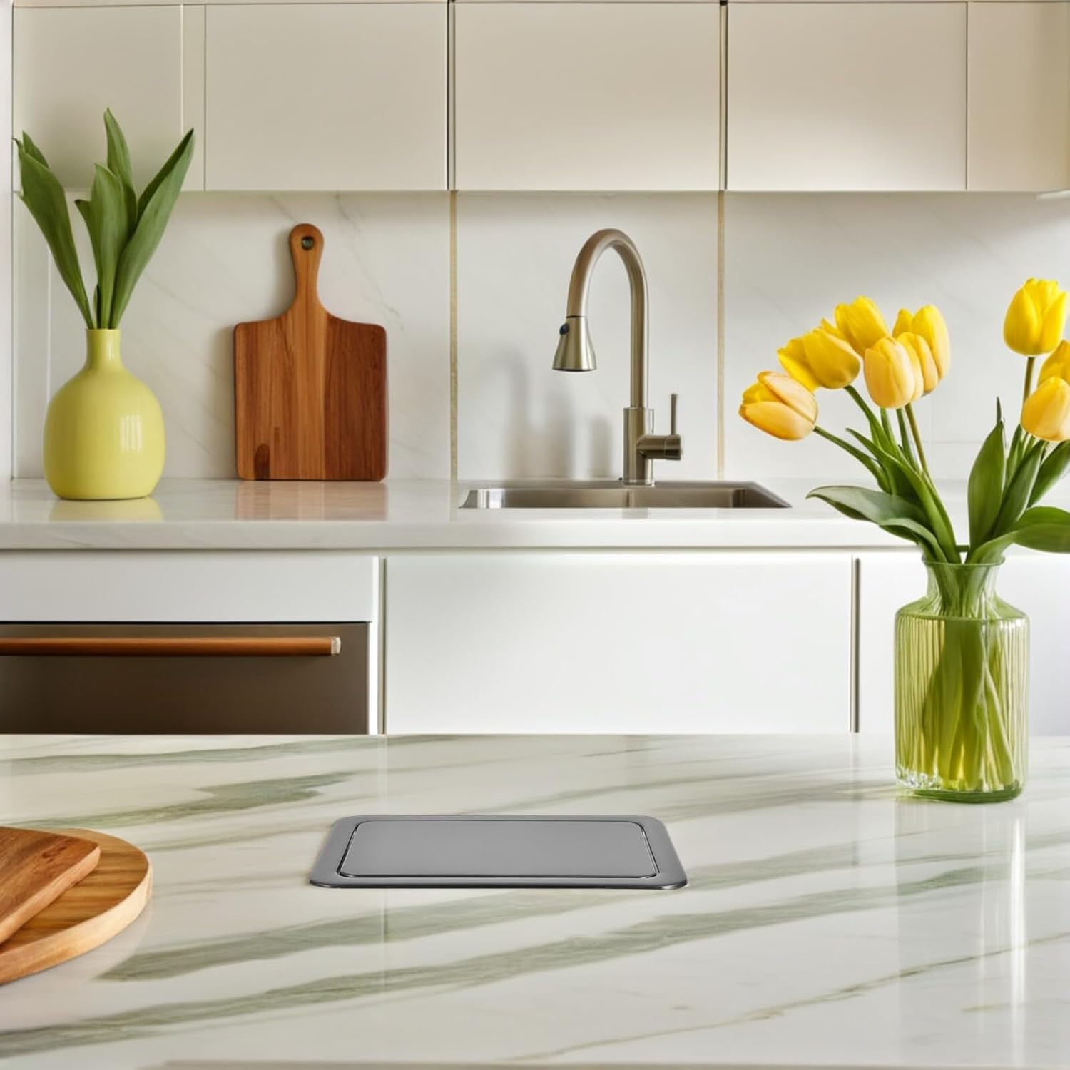 TOYANDONA Flush Mounted Waste Bin Lid Stainless Steel Kitchen Garbage Can Swing Cover 430 Material Gray Square Trash Container Replacement Lid for Home Sink
