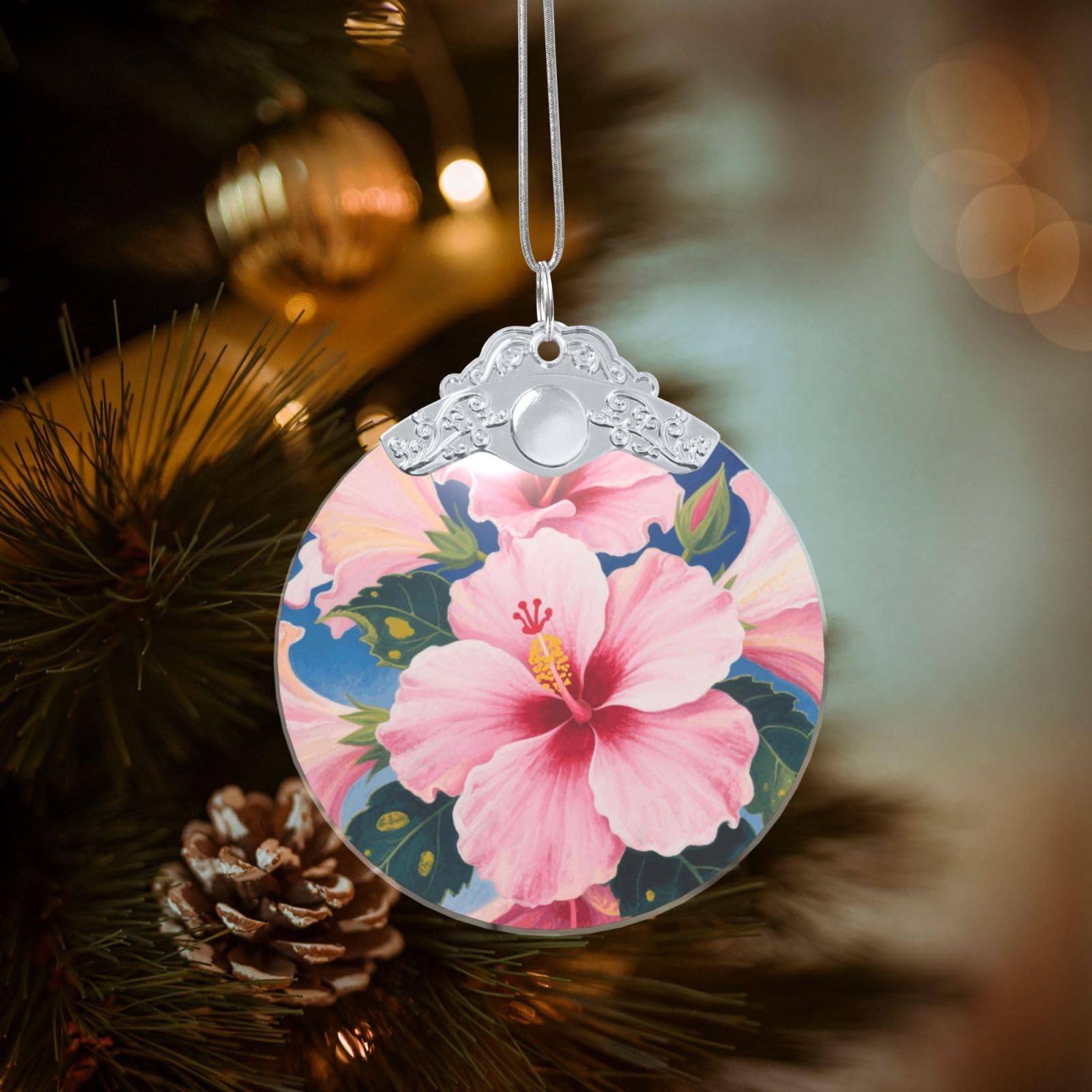 2025 Christmas Tree Ornament Round Glass Xmas Hanging Pendant for Xmas Tree Decoration,Blooming Hibiscus Cute Holiday Hanging Decorations Keepsake for New Year Family Party Wedding Decor