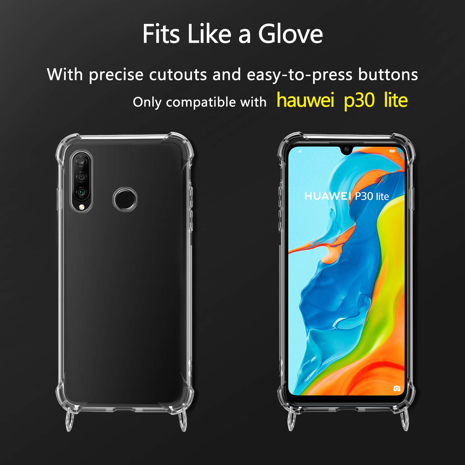 MICASE Cover con Cordino per Huawei P30 Lite, Custodia a Tracolla Trasparente Morbido Silicone Necklace Regolabile Staccabile Shock Absorption Antiscivolo Protettiva Case in Nero