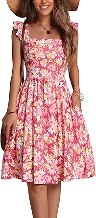 Loemes Summer Cute Floral Flowy Knee Length Sundressses Beach Dress for Women 2024