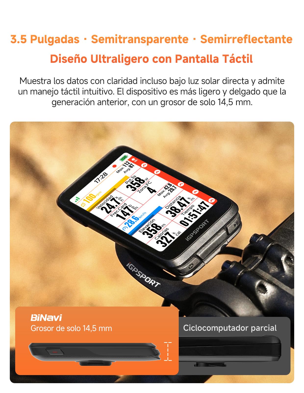 iGPSPORT BiNavi GPS Bicicleta, Análisis Entrenamiento Función Recorrido Continuo Detección de Movimiento 3,5" Pantalla Táctil Control de Música y Cámara de Acción, iClimb Pro, 35H,Negro