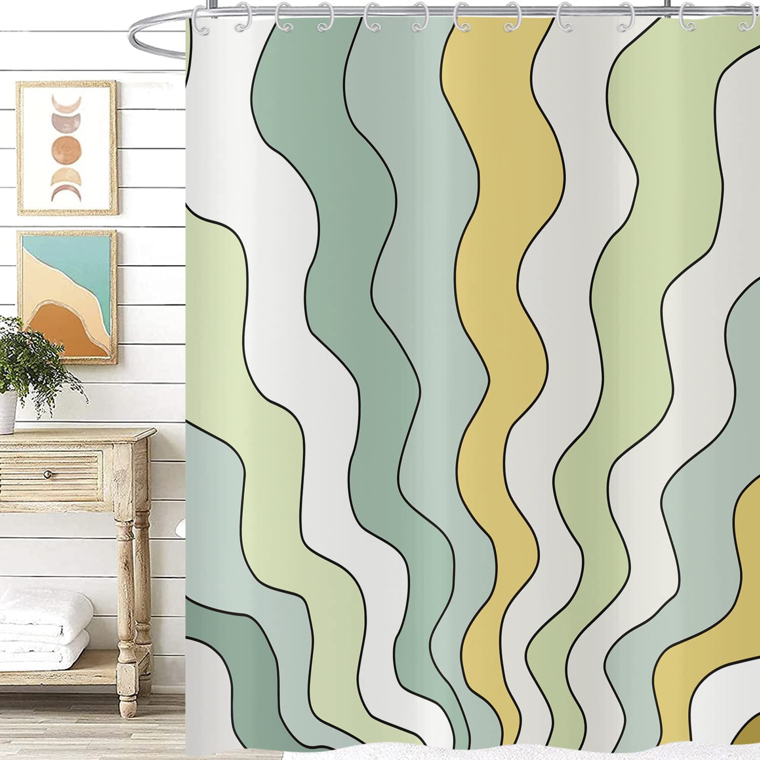 Hnmdmyi Retro Vintage Groovy Shower Curtain 150x180, Aesthetic Colorful Green Hippie Trippy Mid Century Abstract Art Bathroom Curtains Waterproof Polyester Fabric Washable Bath Curtains with Hooks
