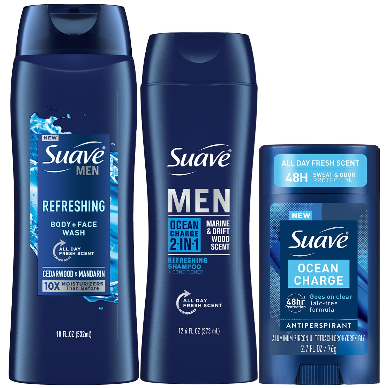 Suave Men Everyday Essentials – Refreshing Body Wash, Ocean Charge 2-in-1 Shampoo & Conditioner + Antiperspirant Deodorant