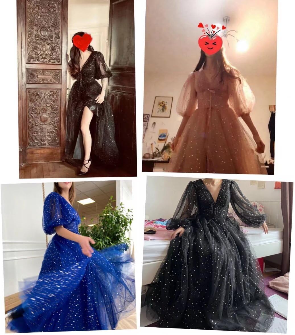 Women's Sparkle Starry Tulle Prom Dresses Puffy Sleeve Evening Gowns Long Slit Formal Party Dress with Pockets - Image 6