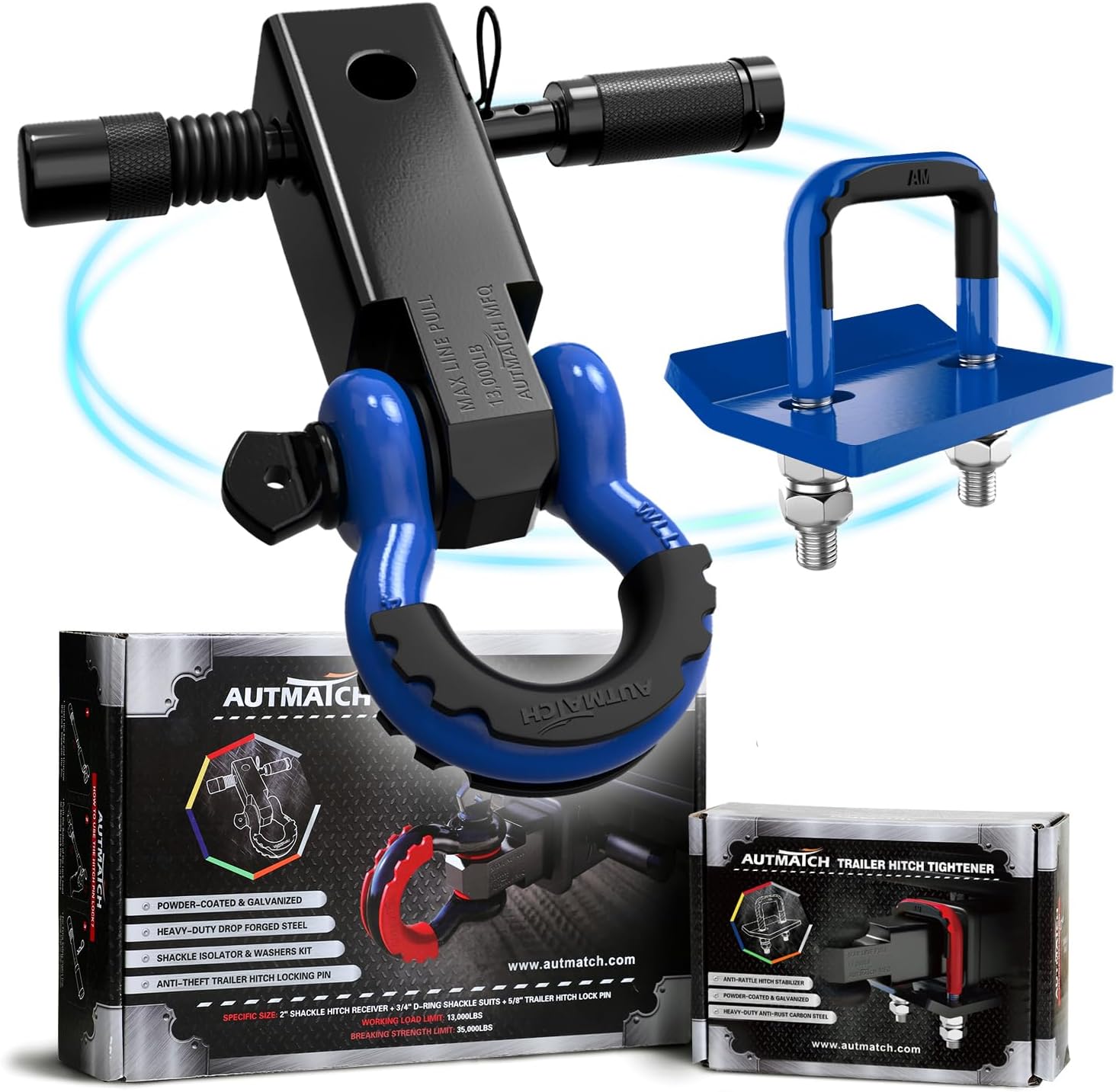 AUTMATCH Shackle Hitch Receiver 2 Inch with Hitch Tightener Anti-Rattle Clamp, 3/4" D Ring Shackle and 5/8" Trailer Hitch Lock Pin, Heavy Duty Receiver Kit for Vehicle Recovery, Blue