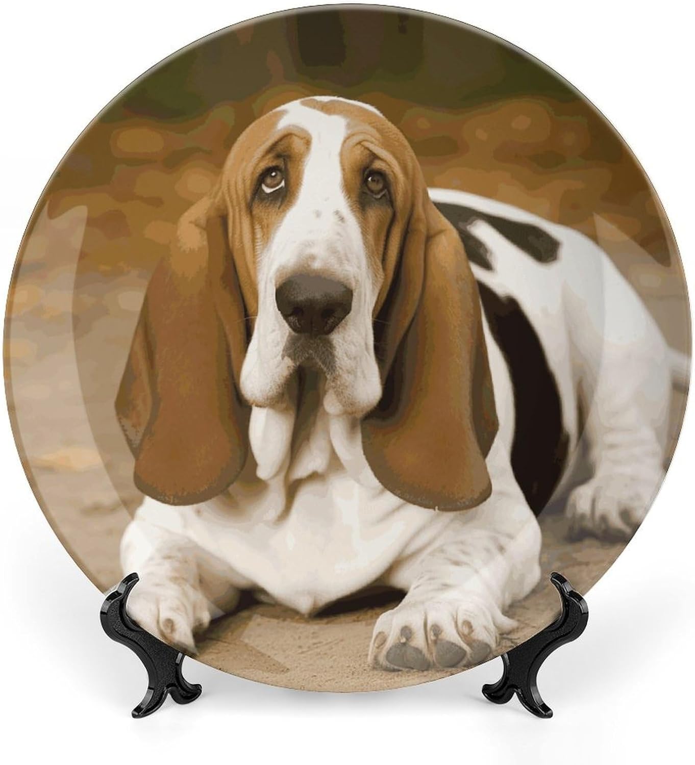 Basset Hound Bone China Decorative Plate Exquisite Ornamental Wall Hanging Platter 6/7/8/10 Inch Vintage Art Ceramic Decor Dish for Home Tabletop Decor Housewarming Gift