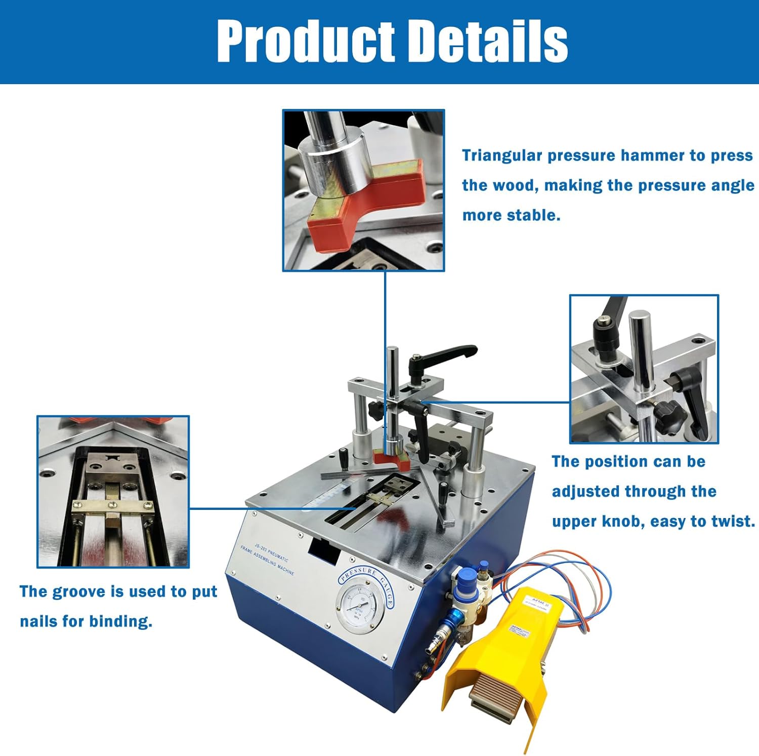 Pneumatic Nail Angle Machine Desktop Picture Frame Nailing Machine 4.3" Max Processing Width 4.5" Max Machining Thickness