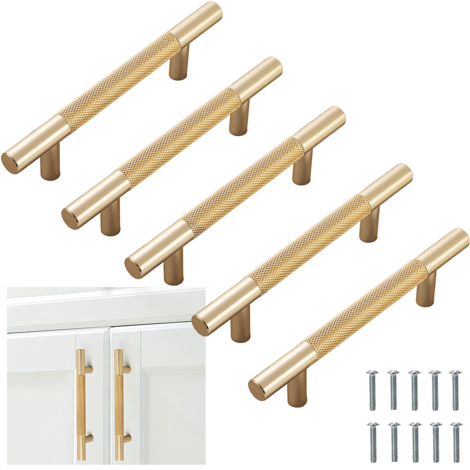Bikasun 5 PCS Gold Cabinet Handles 96mm(3.7 Inch) Hole Center, T Bar Modern Cabinet Pulls Kitchen Handles Cabinet