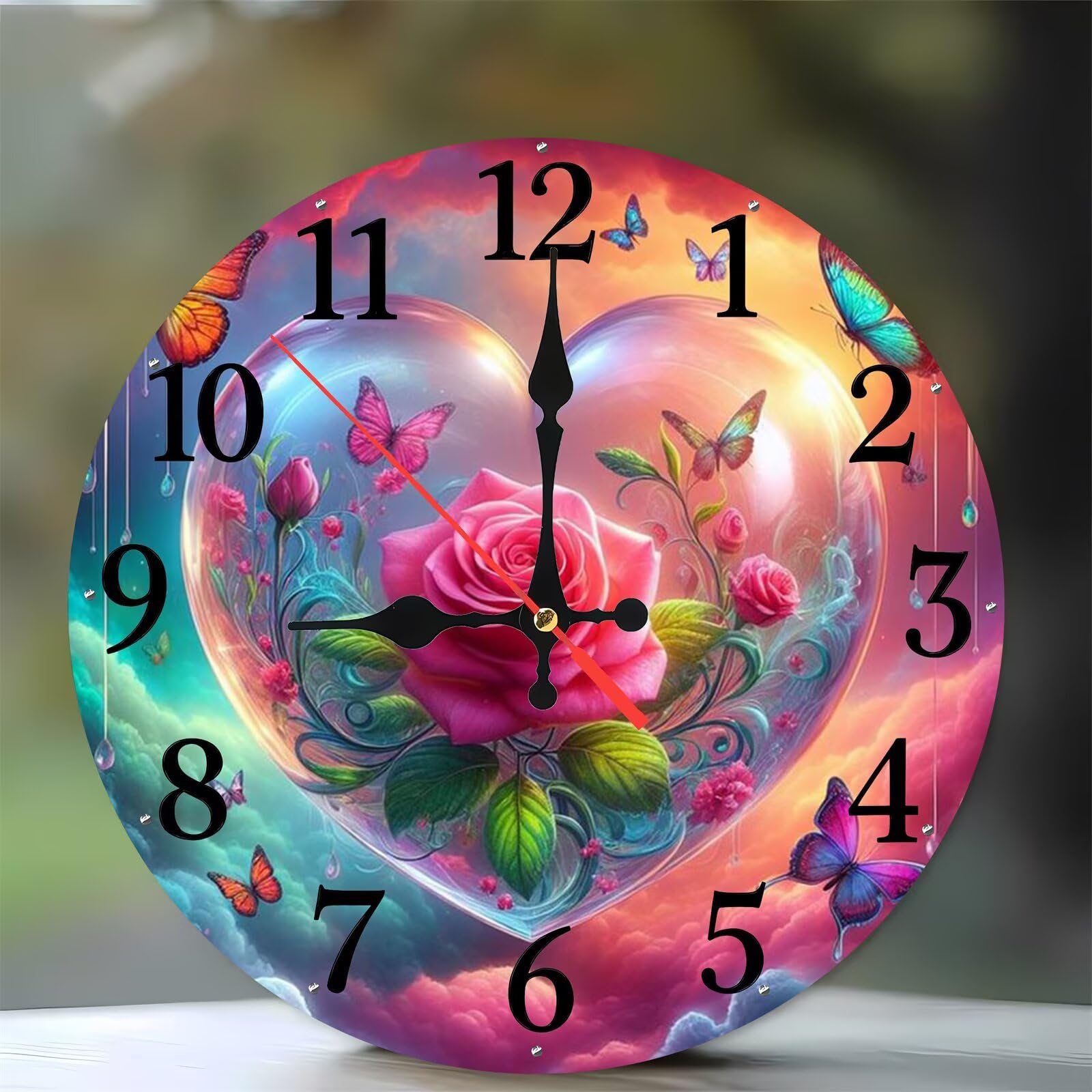 Horloge murale pour cuisine et salon en bois décor roses