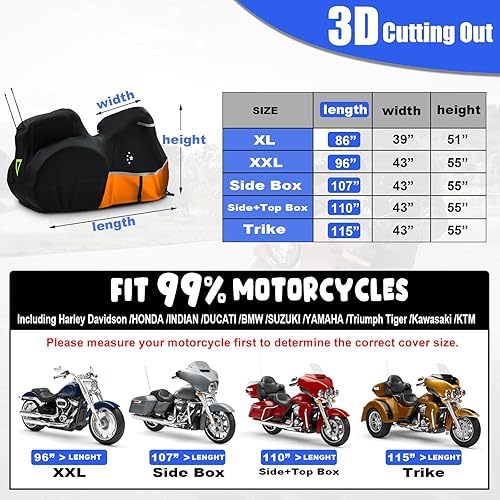 Vista 21 de Funda para motocicleta 420D resistente para todas las estaciones, universal, impermeable, protección al aire libre, 96 pulgadas, XXL, color negro