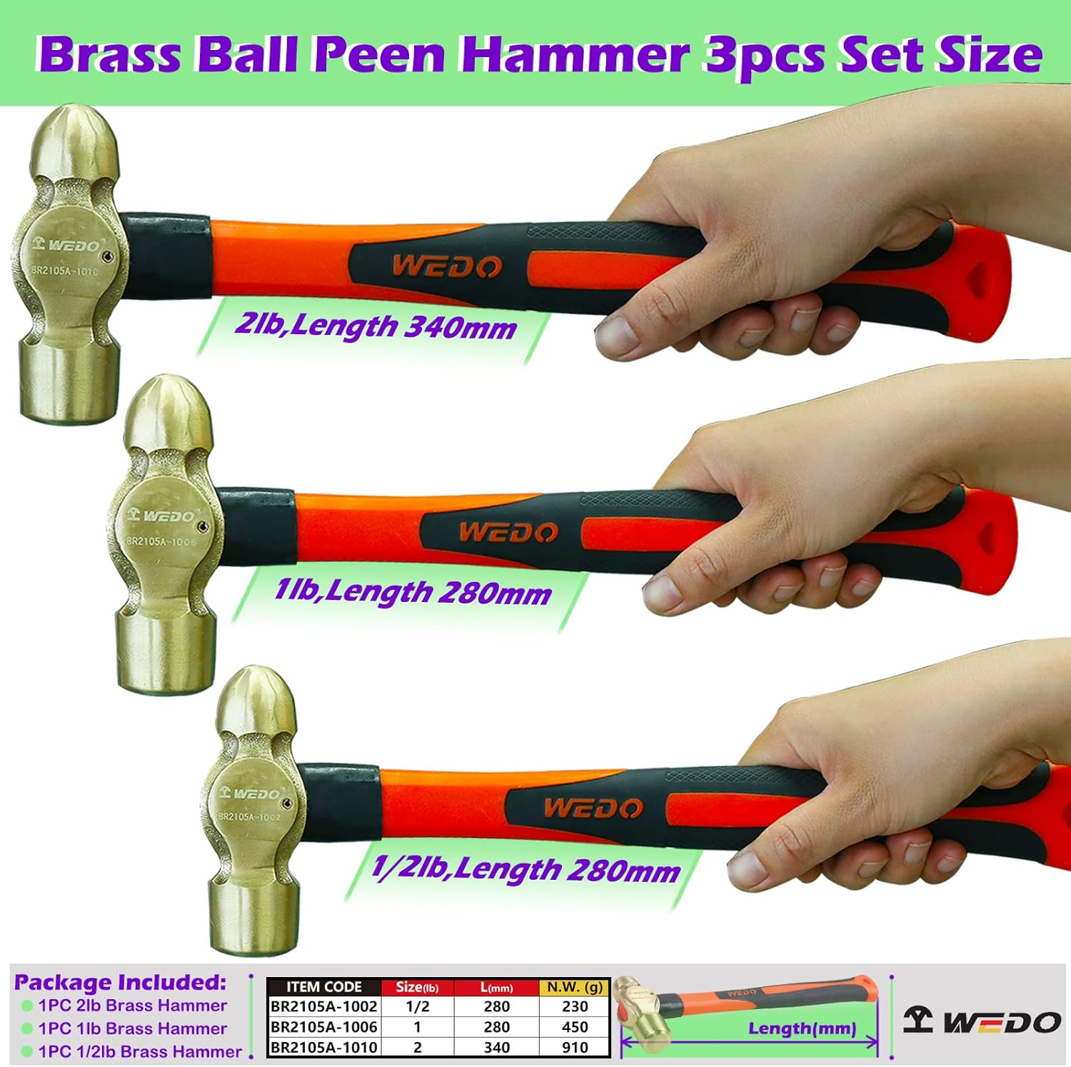 WEDO 3PCS Brass Ball Peen Hammer Set,1/2lb+1lb+2lb,Fiberglass Handle,Die-Forged,Corrosion Resistant,DIN Standard