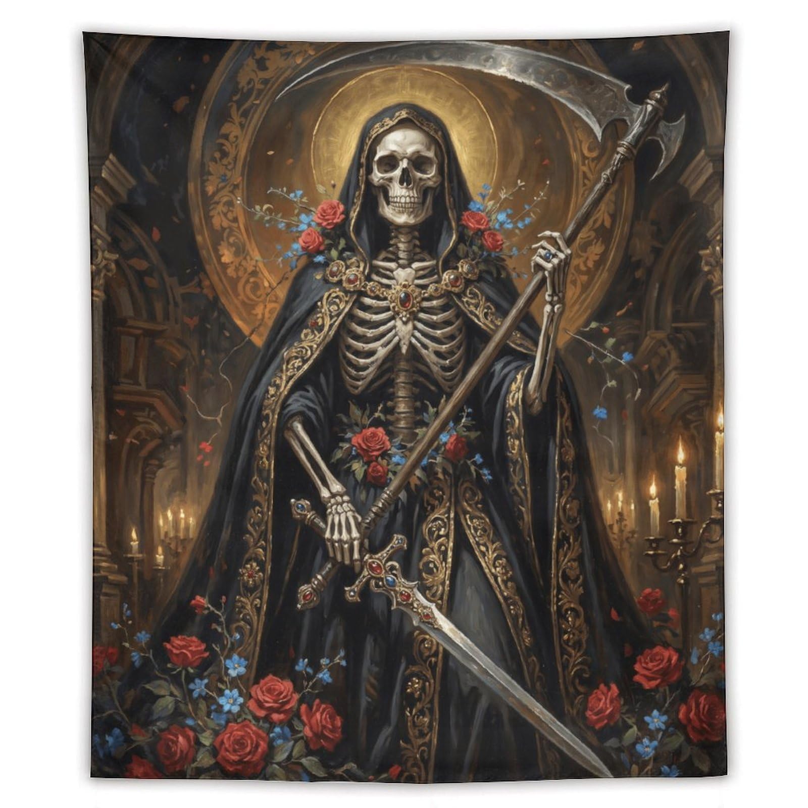 W7C8U2X3 Grim Reaper Rose Cathedral Wall Tapestry, Whimsical Animal Art