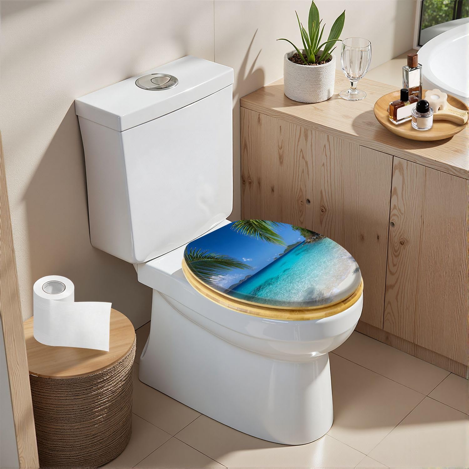 Asiento De Inodoro Alargado De Madera para Baño, Diseño De Playa De Las Islas Vírgenes, Tapa De Cierre Suave Y Silencioso, Bisagras De Liberación Rápida, con Topes, Fácil De Limpiar E Instal