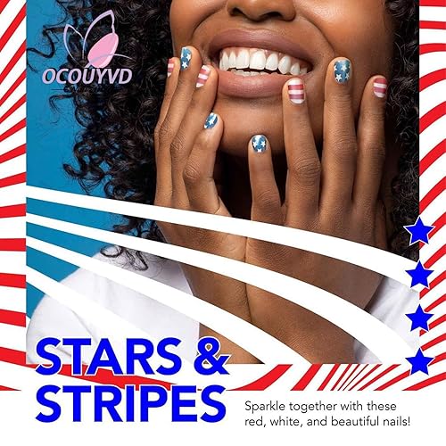 Miniatura 7 de OCOUYVD Uñas postizas largas a presión para el 4 de julio, uñas acrílicas de ataúd rojo, azul y blanco, uñas adhesivas para el Día de la