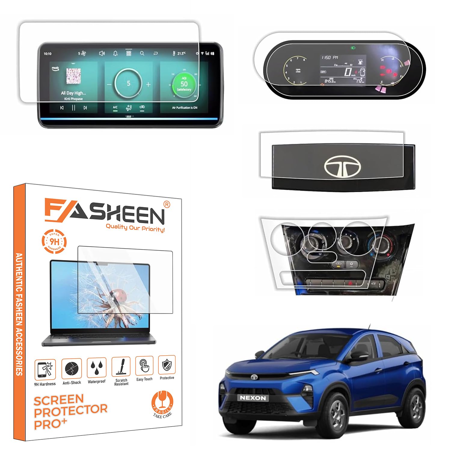 FASHEEN Screen Guard Compatible With 4 Pc Combo TATA NEXON 2026 PURE+ & Pure PLUS S & Smart+ S CNG - 10.25 Inch Infotainment Round Edge + 4 Inch Instrument Cluster Speedometer MID + Steering + Manual Button AC Panel-image-13