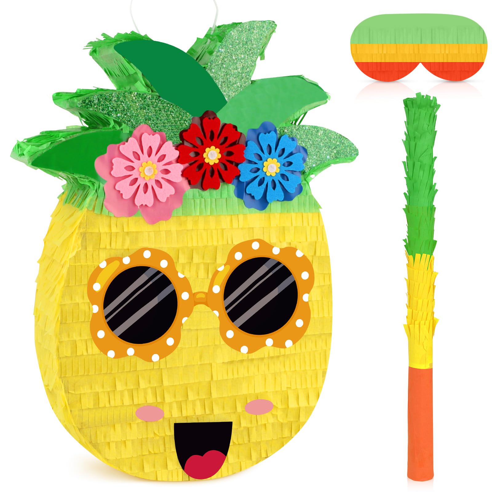 Piñata de piñata de verano con palo y venda para los ojos, piñatas grandes y divertidas, decoraciones de fiesta de frutas, juegos de piña para fiestas hawaianas tropicales luau, suministros