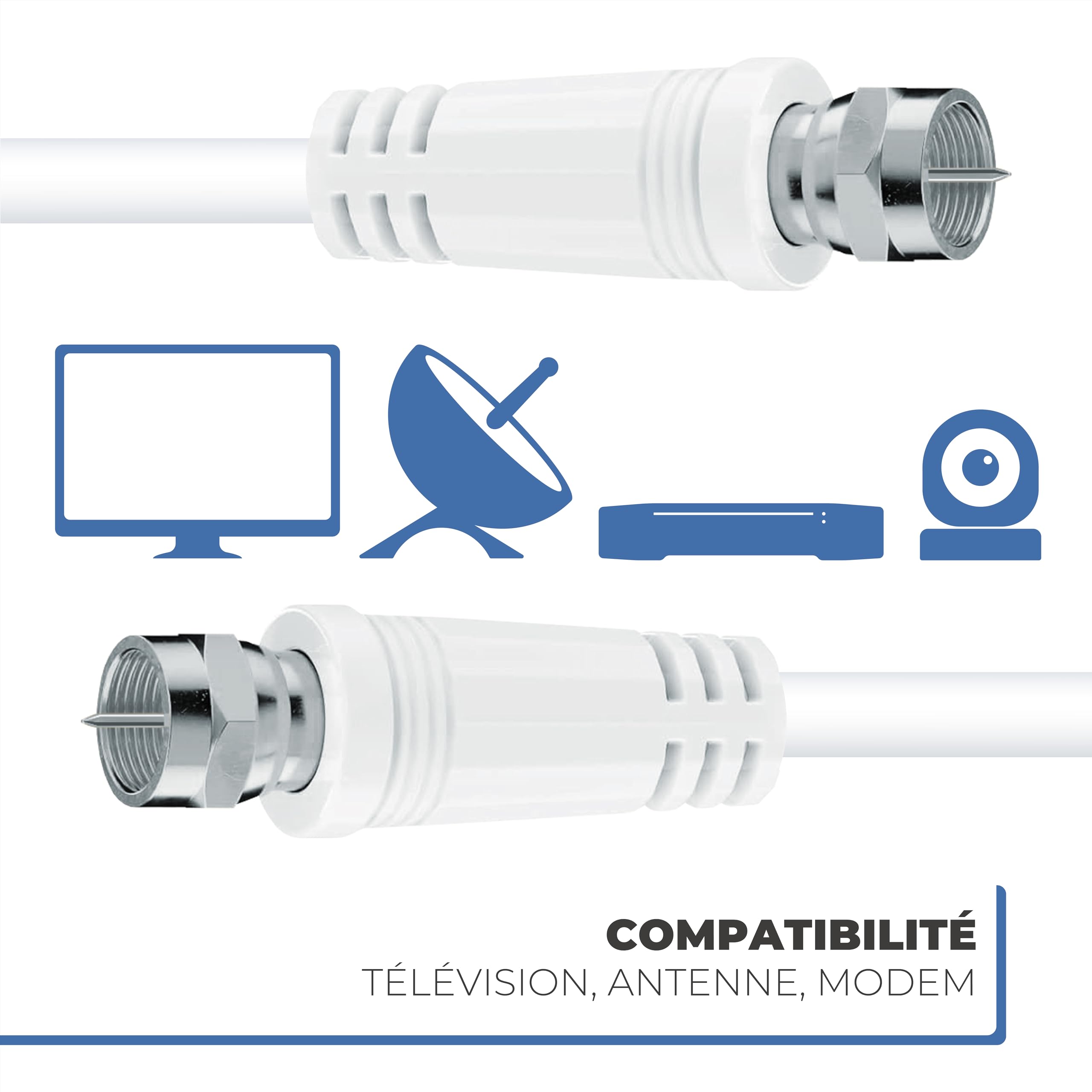 APM Câble Coaxial Satellite Fiche F Mâle, 10M + Adaptateur Fiche F Femelle vers Coaxial 9.52mm Mâle, Compatible TV Parabole Antenne Modem Satellite, 409007