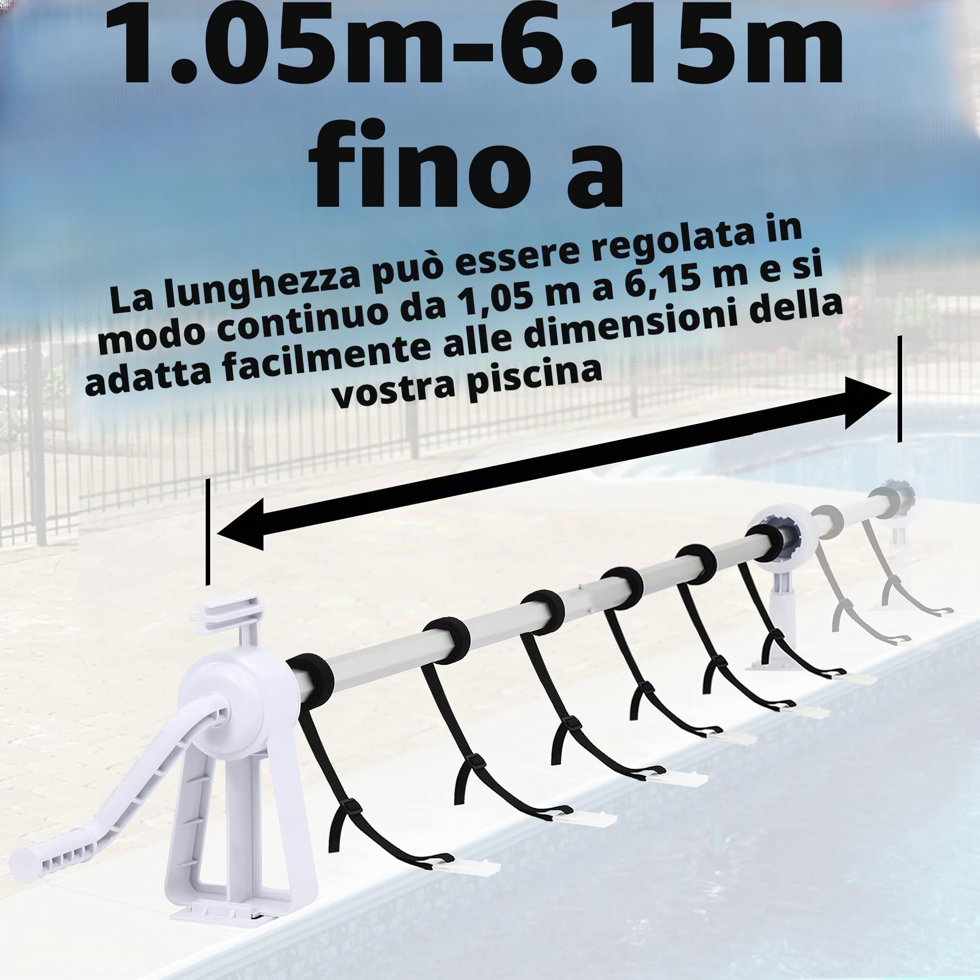 Avvolgitore per piscina regolabile da 1,05 a 6,15 m, dispositivo di avvolgimento per pellicola e telone solare, sistema di avvolgimento mobile con cinghie di fissaggio, avvolgitore per