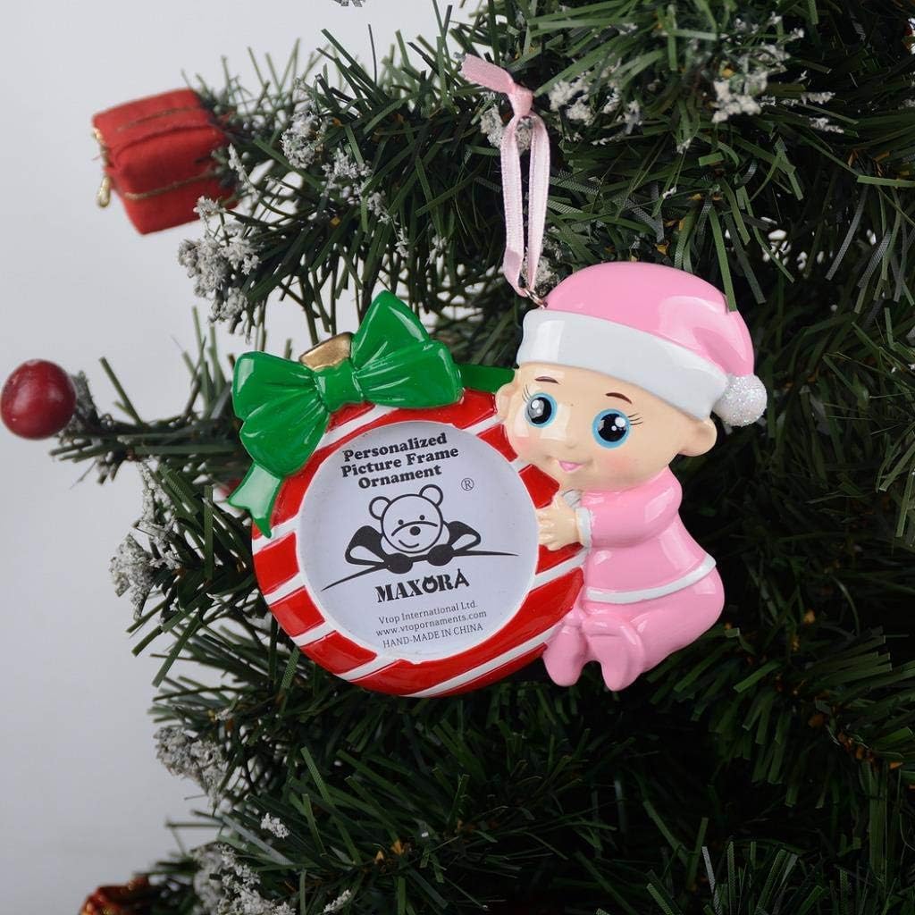赤ちゃんの初めてのクリスマス ピンクガール 写真フレーム ホリデー パーソナライズ オーナメント - 無料カスタマイズ