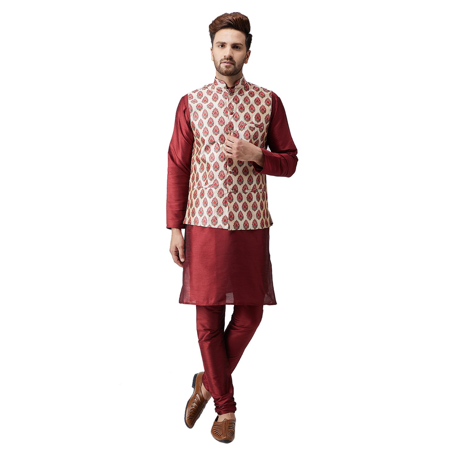(Since 1958 Men's Silk Maroon Kurta Pyjama & Printed Nehru Jacket Set Size XXL-image-45