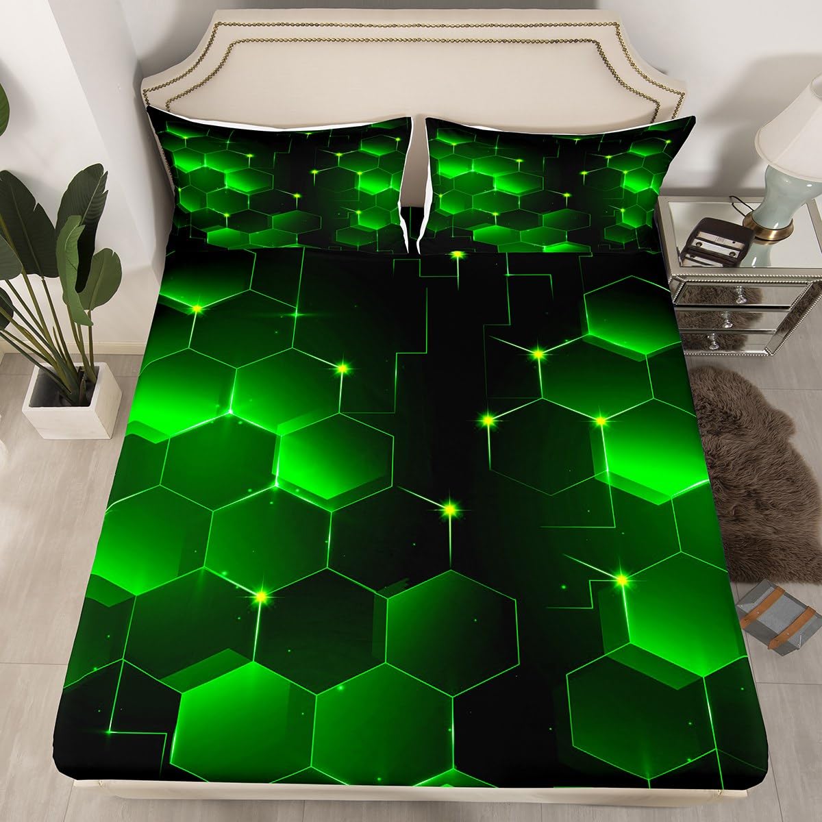 Set Biancheria Da Letto Con Piumino E Federe, Motivo Controller Gioco E Ombre Geometriche Verde, Tessuto Microfibra Morbido, Varie Misure