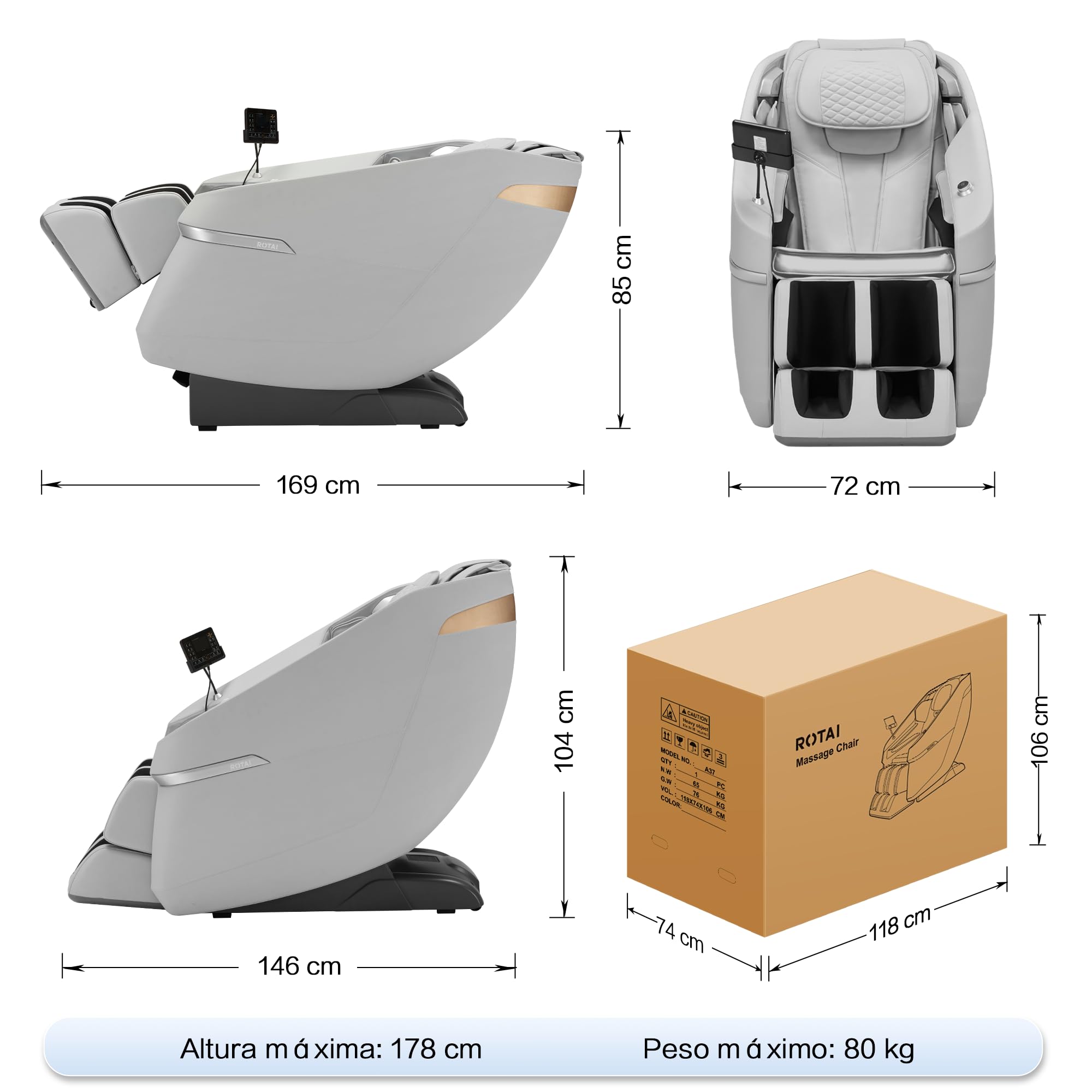 ROTAI Silla de Masaje de Cuerpo Completo con Amasado, Gravedad Cero y Bluetooth, Sillón Masajeador Shiatsu Profesional Reclinable, Sillón Relax Eléctrico para Casa y Oficina