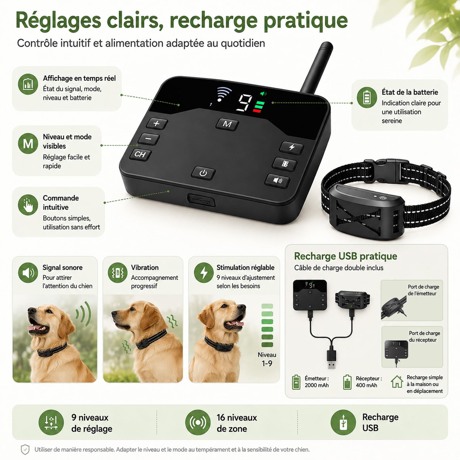 Collier Anti-Fugue 2 en 1 Collier Anti aboiement Chien 3 Modes 9 Niveaux réglables étanche Collier de Dressage avec télécommande