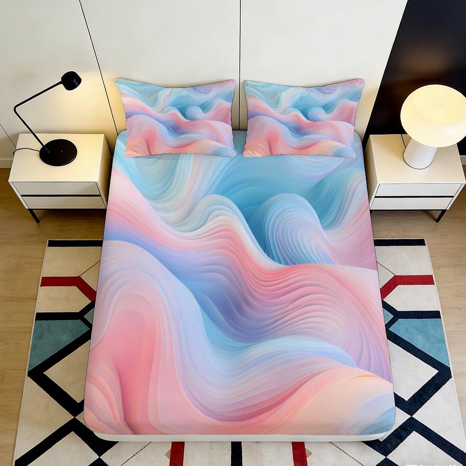 Jqzkxnhpbr Style-4 3D Printed Pastel Abstract Fitted Sheet Microfiber Soft Bedroom Decor Gradient Wave Mattress Cover All Ages 90X200x25cm