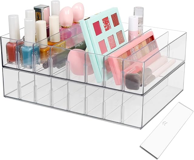 Amazon Brand  Umi Plastic Storage Drawer Organizer Bins - 8 Compartment Organizer Tray for Cable, Power Cords, Makeup, Bathroom, Office, Countertop Organization - 2 Pack, Clear