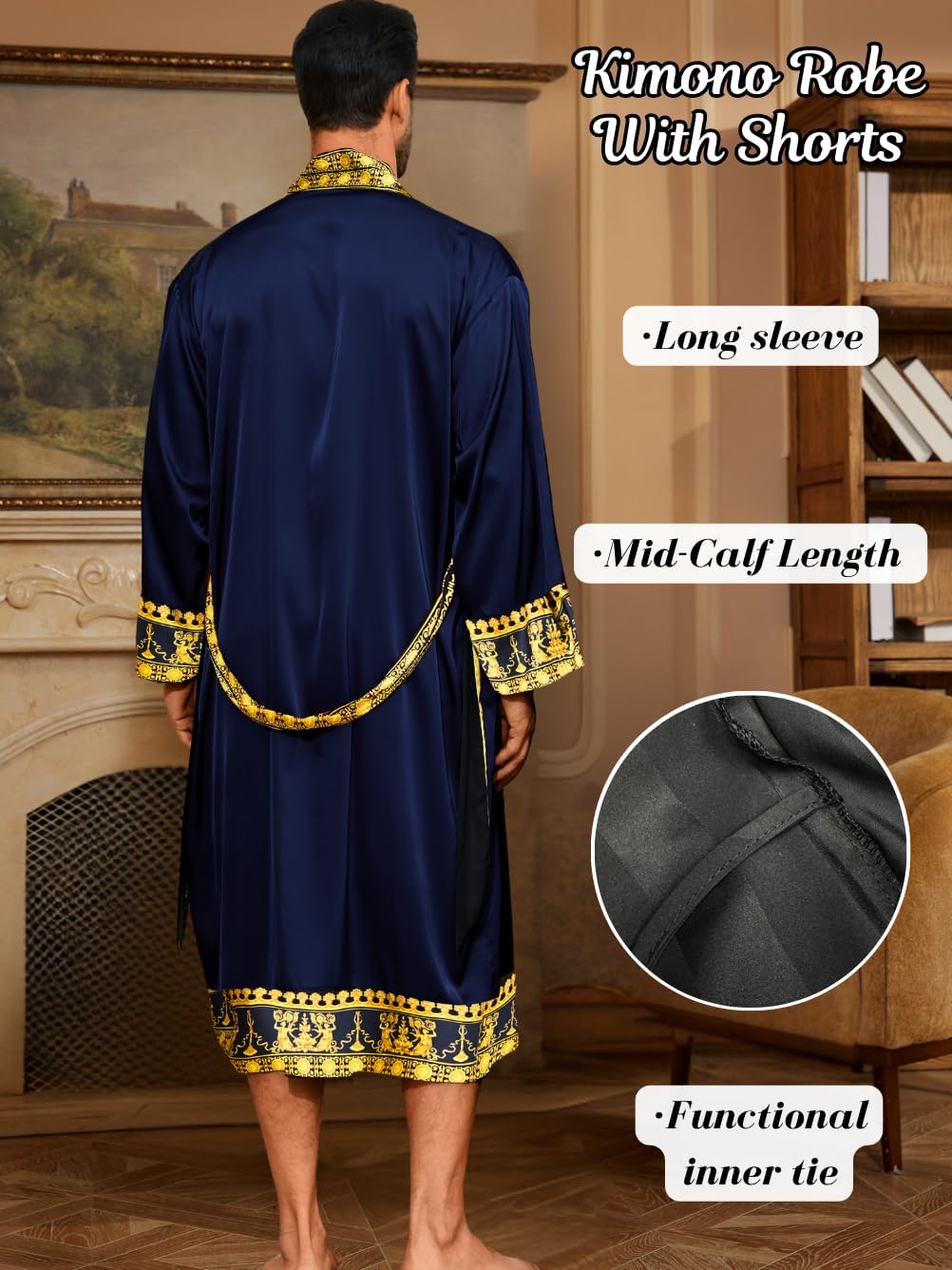 Men's Luxury Silky Robe & Shorts Set, 2PC Lightweight Satin Pajamas with Pockets, Opulent Baroque Kimono Gifts - Image 3