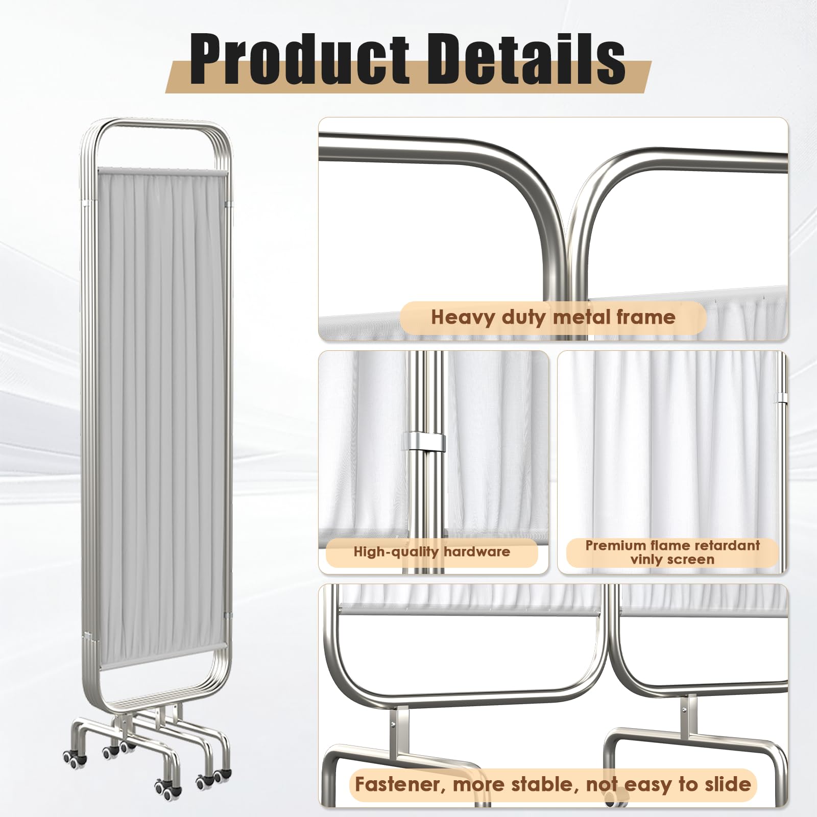 Brise-vue médical, 4 rideaux pliables de séparation de pièce sur roulettes 200 x 180 cm en acier inoxydable pour hôpitaux, maisons de retraite, station médicale temporaire