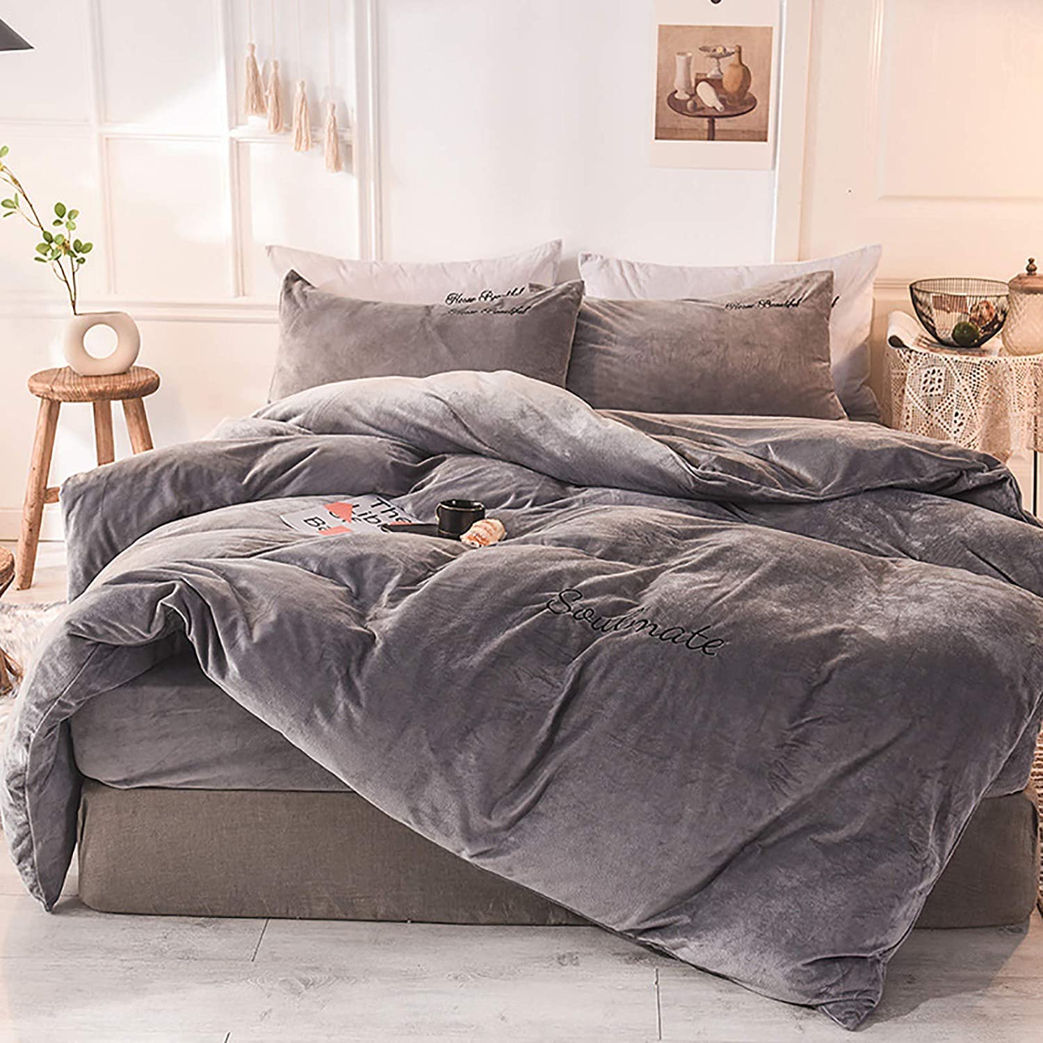 MGEMJMJ Solid Color Winter Warm Comforter Cover With Zipper Closure,Velvet Duvet Cover,Soft Reversible Flannel Quilt Cover(Size:200x230cm(79x91inch),Color:B)