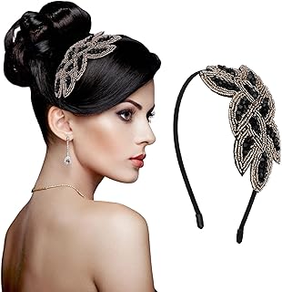 Sibba 1920s Headbands for Women Head Bands Accessories Crystal Bridal Wedding Black Headpiece 20s Rhinestone Flapper Vintage Hair Valentines Accessory for Girls Costume Prom Party Retro (Black Gold)