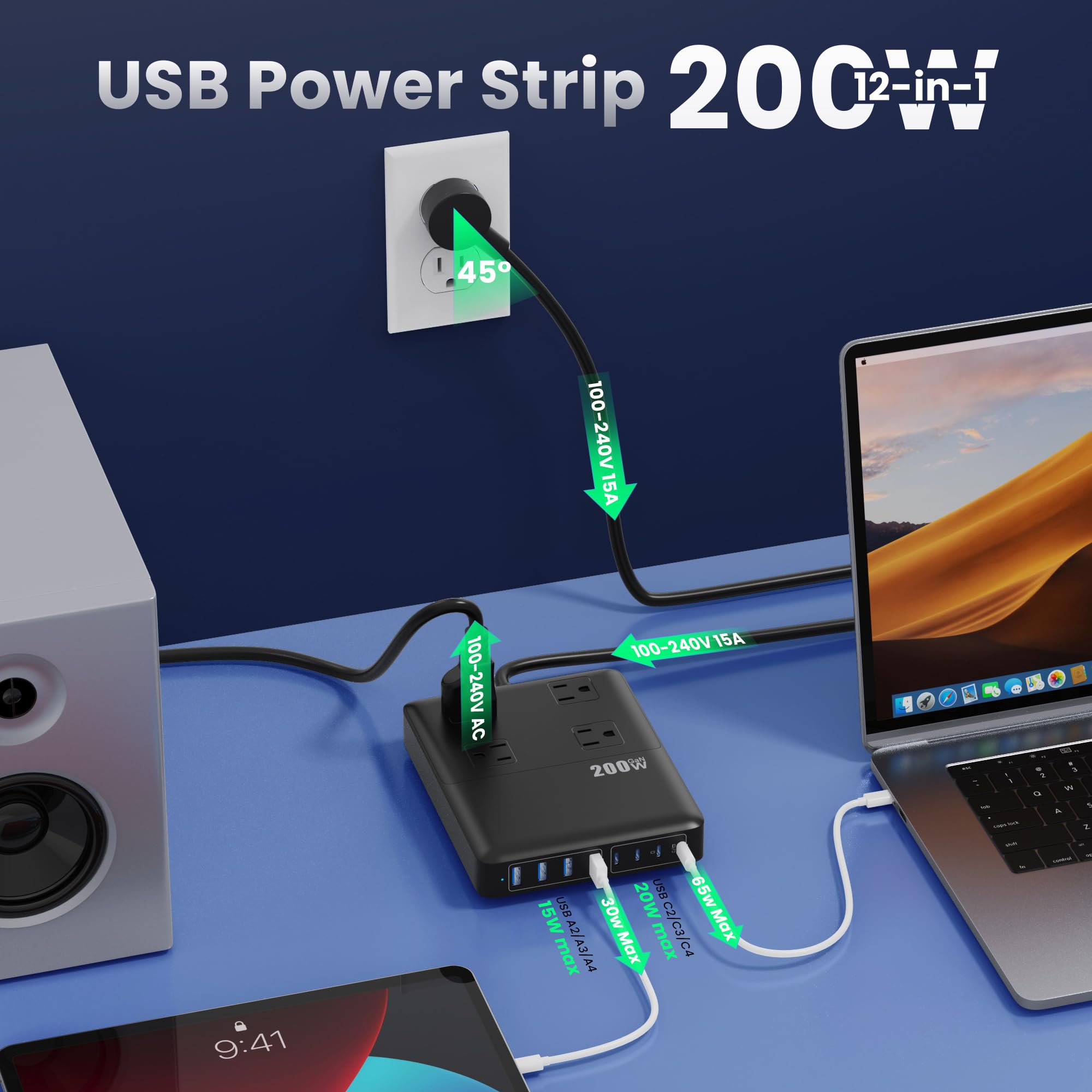Stacja ładująca 200 W, listwa zasilająca 12 w 1 USB C z płaską wtyczką i przedłużeniem 1,5 m, 4 x gniazdo AC, 4 x USB-A, 4 x USB-C do iPhone'a 17/16/15, szybka ładowarka do laptopa PD 65