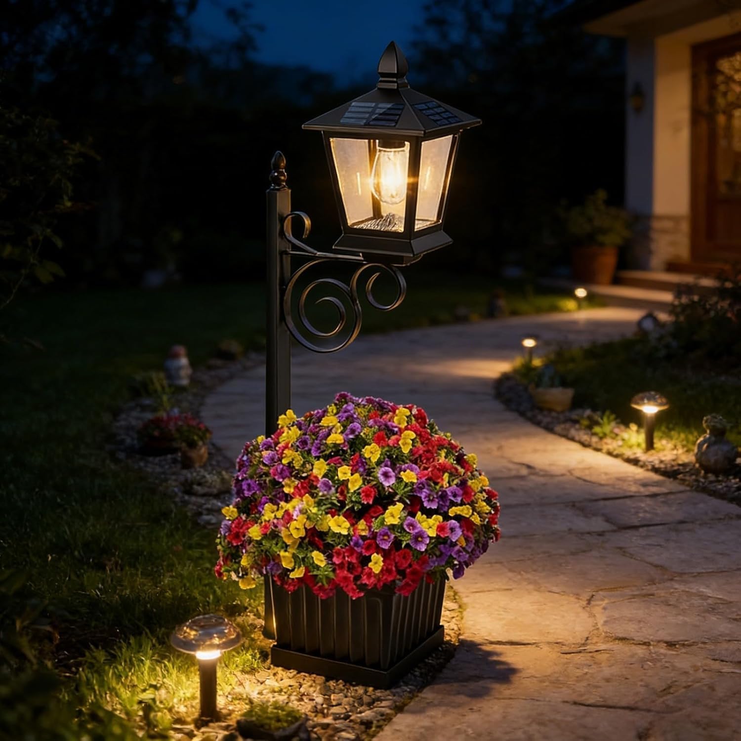2-in-1 Outdoor Solar Lamp Post Light with Planter,Dusk to Dawn Solar Powered Light,Solars Lamp Post with Planter,Solars Lamps Postc,for ardens, Outdoor Floor Lamps (Black)(Excluding Fake Flowers)
