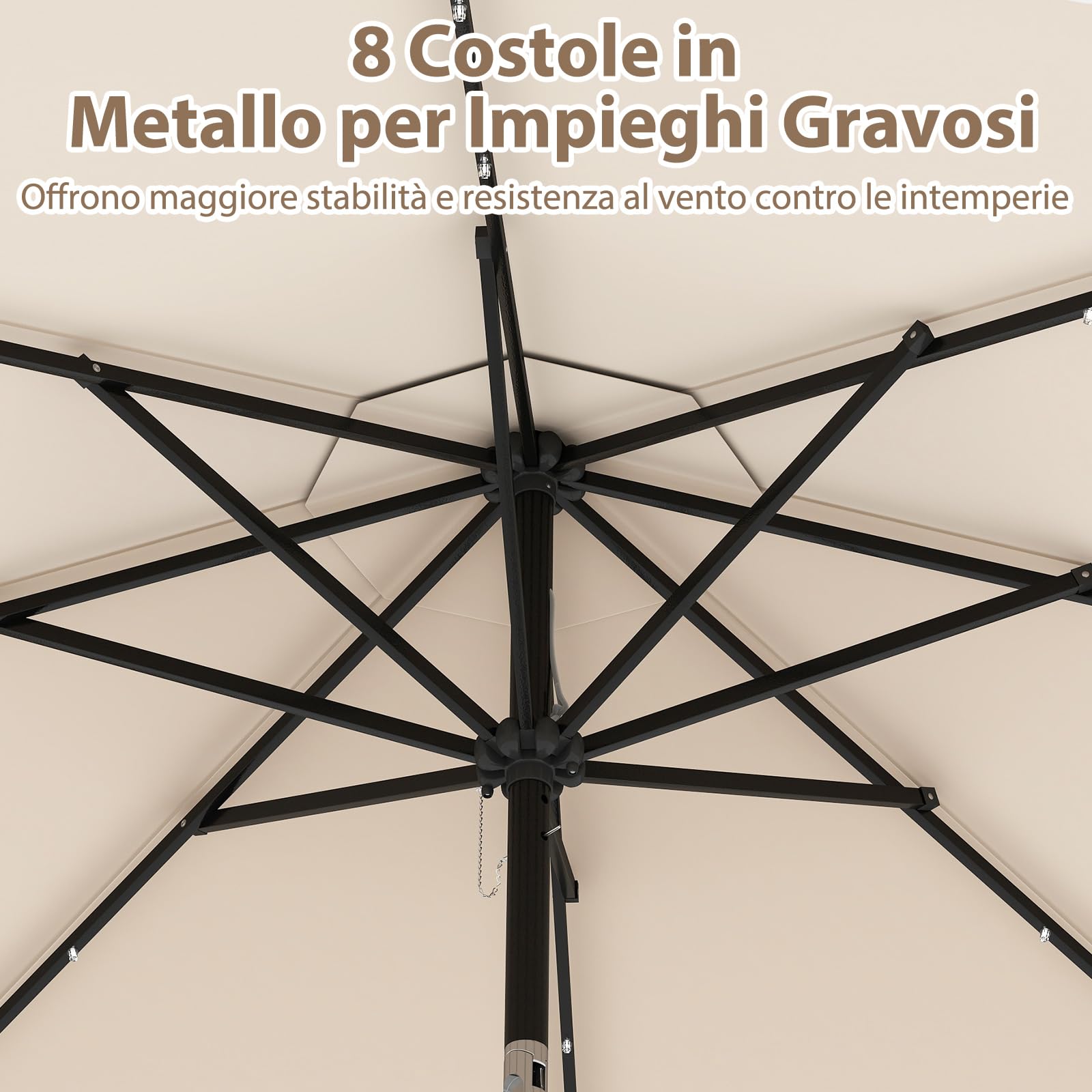 COSTWAY Ombrellone da Giardino 300 cm, con 24 Luci LED Solari, Inclinazione Regolabile, Manovella, 8 Stecche, Anti-UV, Top Ventilato, Idrorepellente, Giardino Piscina Patio (Beige)