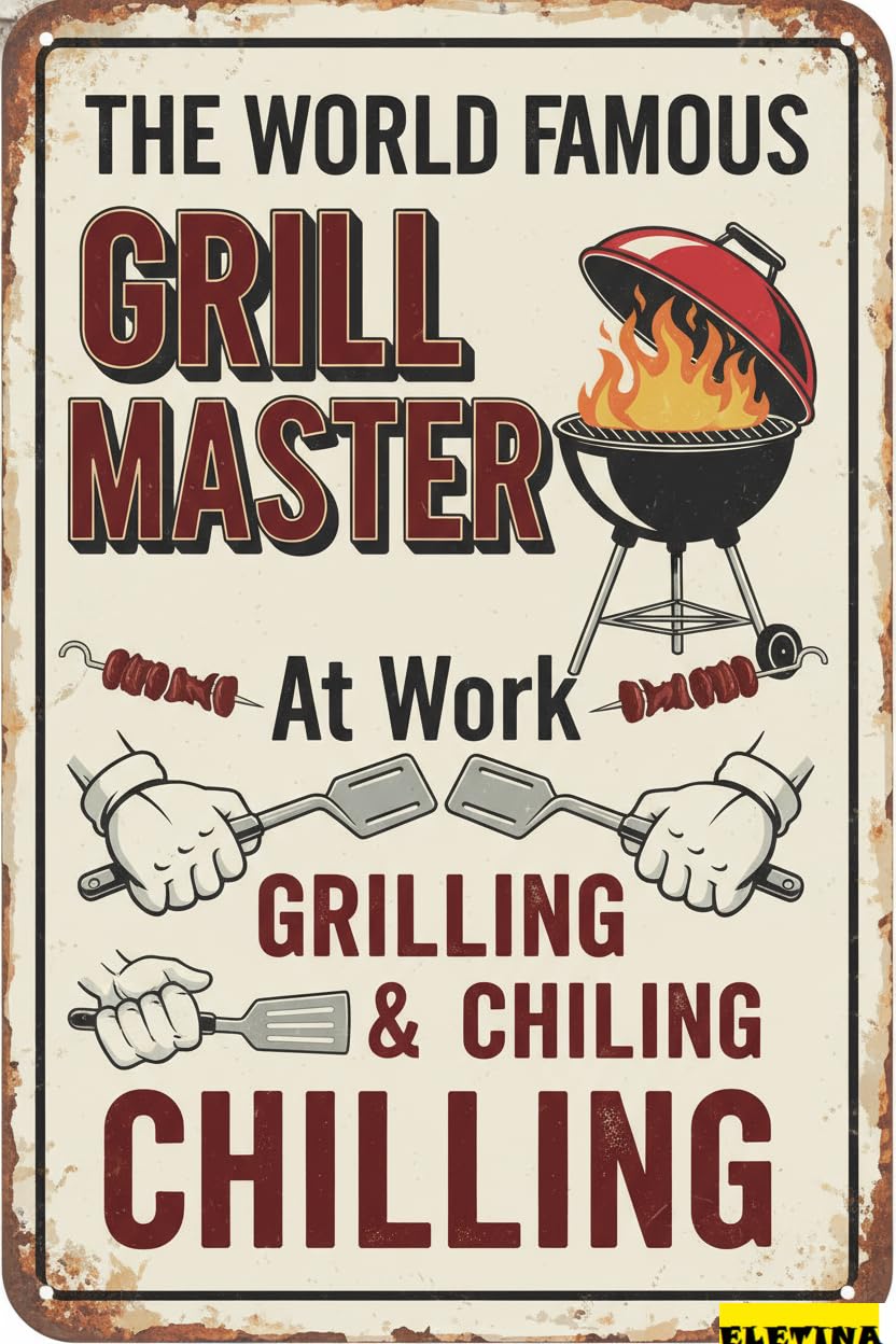 Grilling Chilling BBQ Tin Sign, 8x12 Inch