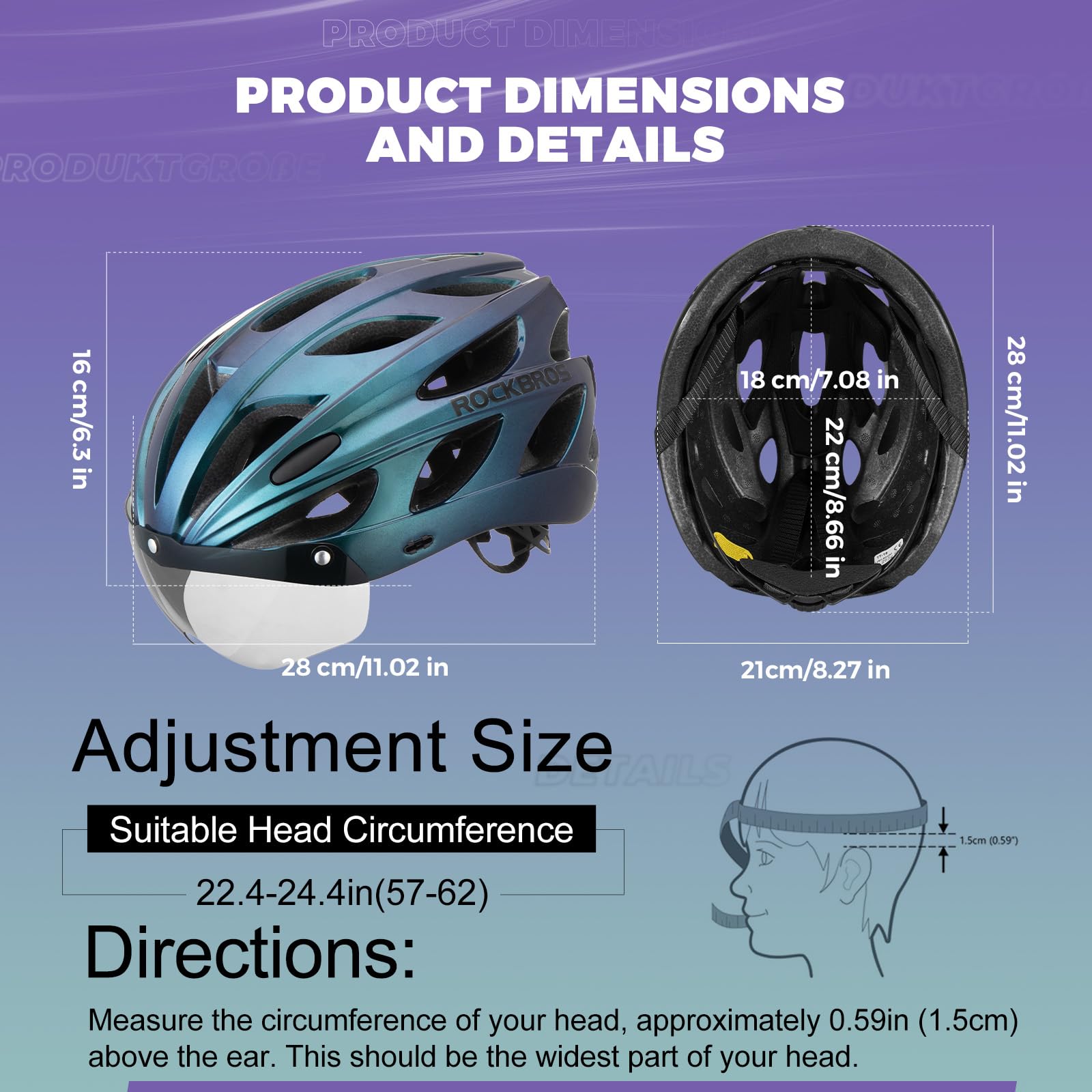 ROCKBROS Bike Helmet for Adult Men Women with Suggested Fit 58-62cm, Removable Goggles & Sun Visor, Lightweight with Adjustable Side and Chin Strap, Suitable for Myopia Glasses 4