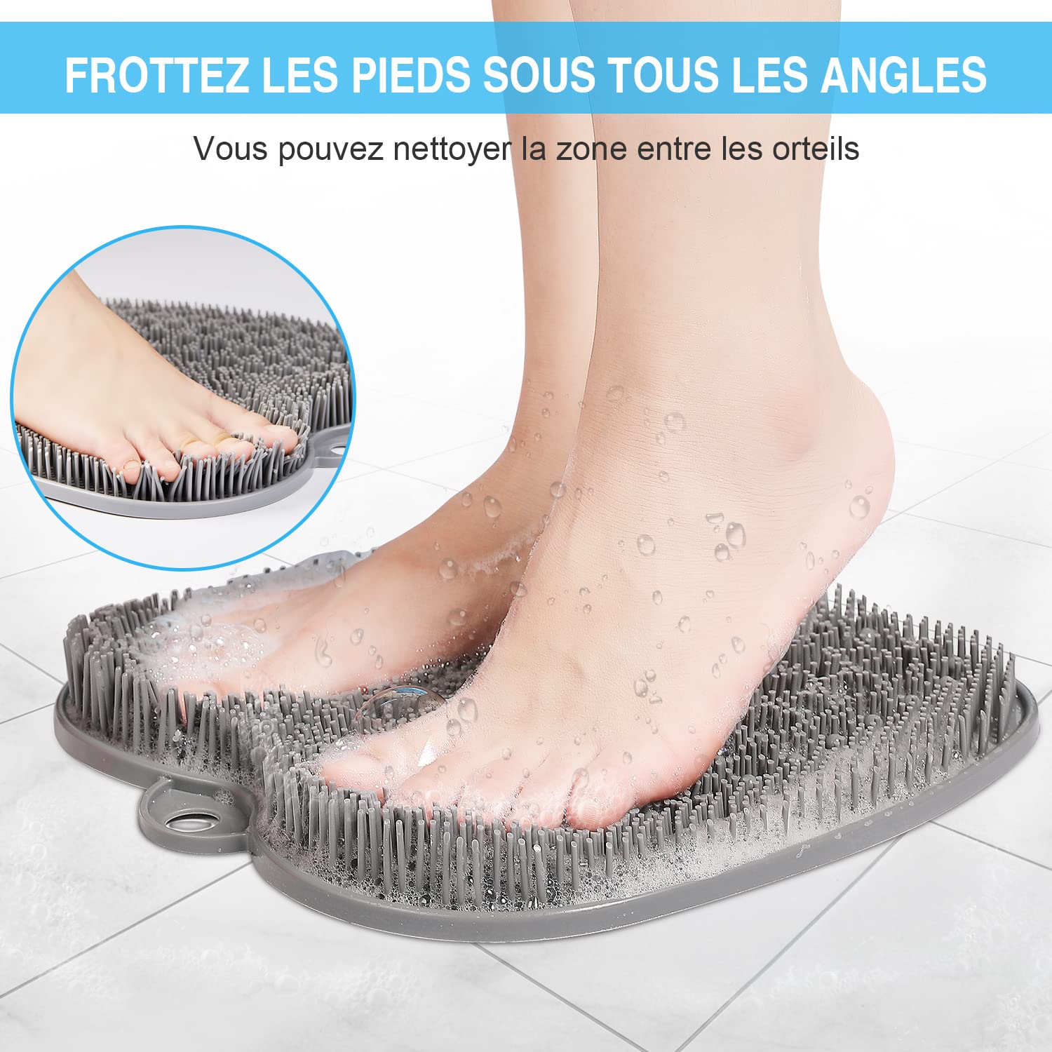 HONYIN Grand Brosse Pieds Douche, Foot Scrubber Douche 28 x 28 cm | Nettoie, Exfolie, Masse vos Pieds Sans se Pencher, Circulation et Soulage Les Pieds Fatigués, avec Ventouses Antidérapantes