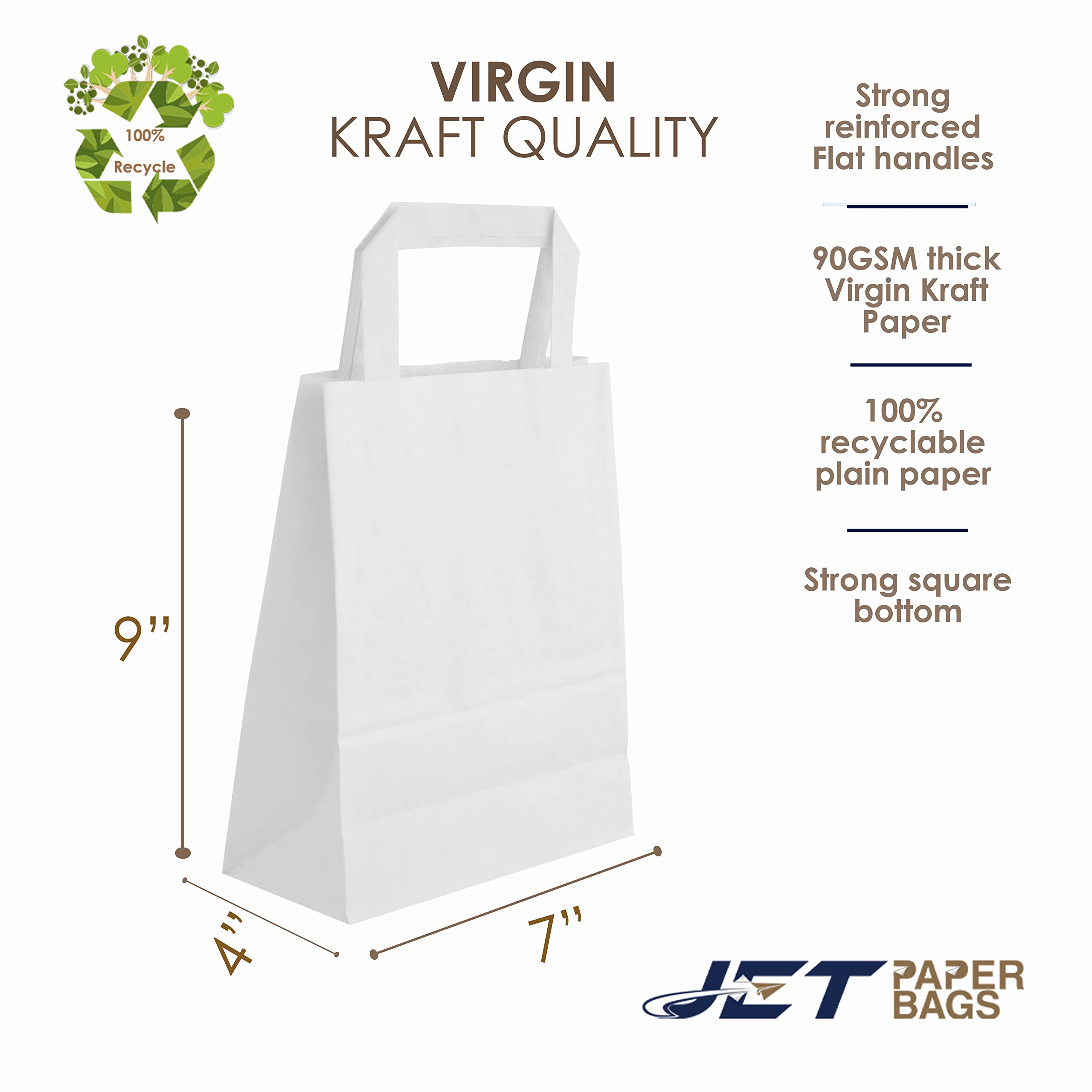 JET PAPER BAGS - 7”x4”x9” [100 Pcs] Small White Paper Bags with Handles Prime for Takeout, Grocery, Goody, Retail, Party, Gifts, Weddings - Recyclable Kraft Paper Gift Bags with Handles