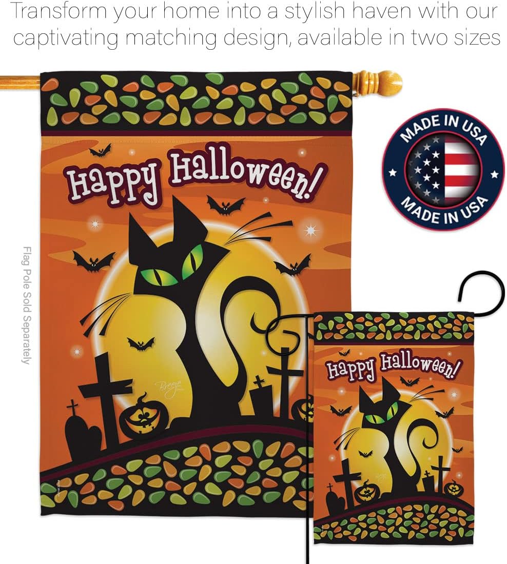 Halloween Black Cat House Flag - Pack Fall Witch Trick or Treat Spooky Night Season Autumntime Pumpkin USA Vintage Applique - Decoration Banner Small Garden Yard Gift Double-Sided Made In 28 X 40