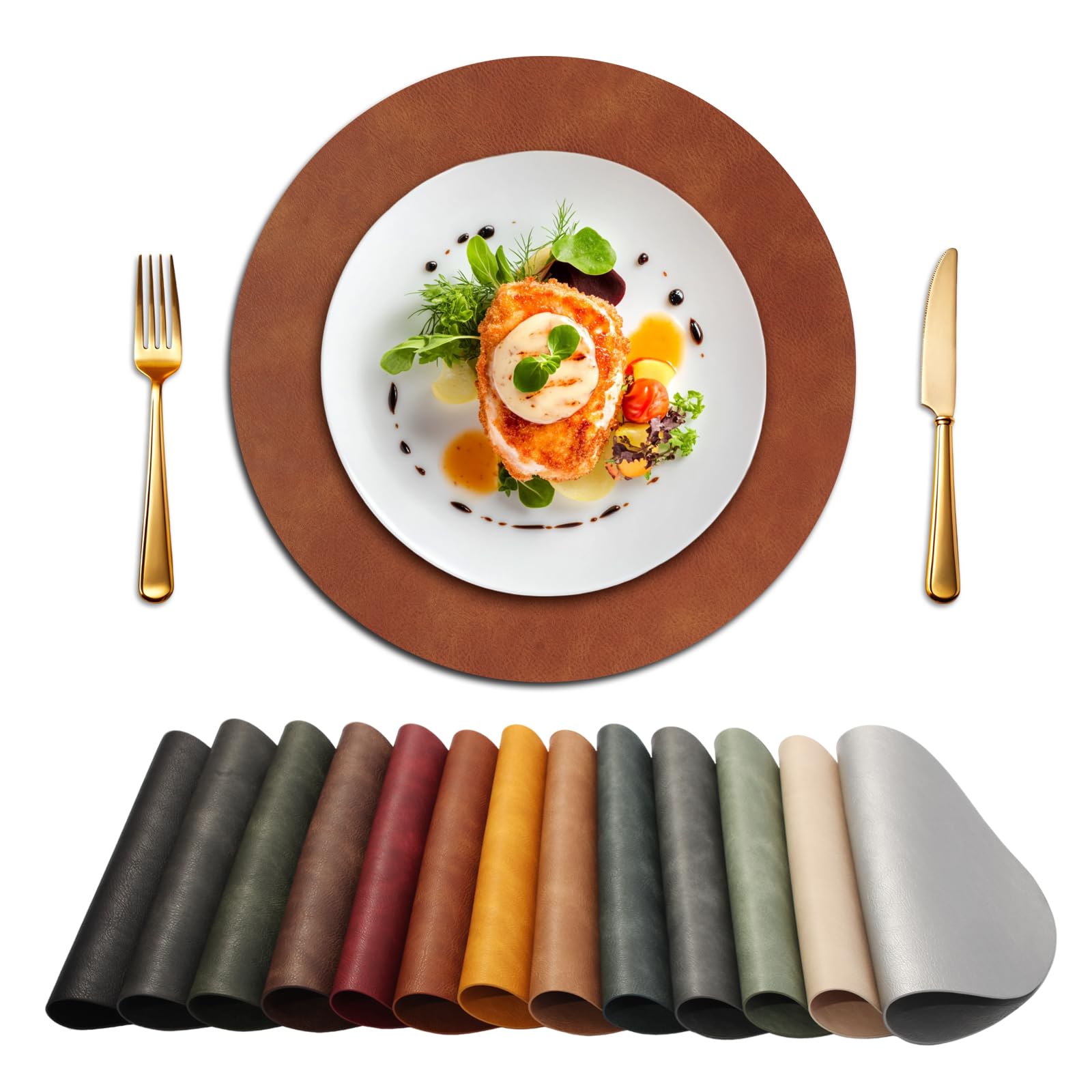 UnivoColors Placemats Round Faux Leather Placemats Set of 6-Waterproof-Wipe Clean-Heat Resistant-Anti Slip Dining Table Place Mats,Suitable for Indoor