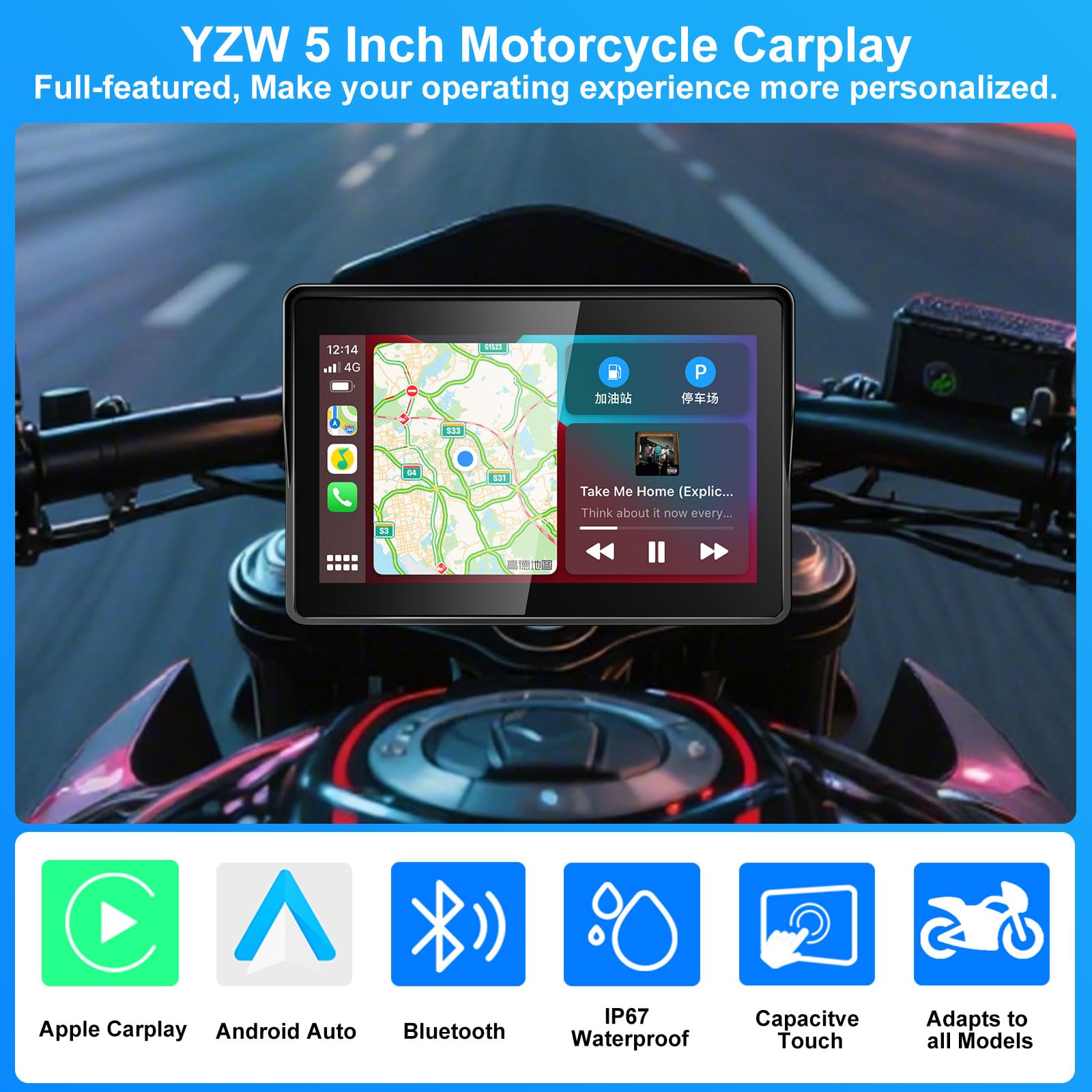 YZW Motorcycle CarPlay Screen with Wireless CarPlay & Android Auto, 5" IP67 Waterproof Touchscreen, Portable Motorcycle GPS Carplay Supports Bluetooth, Siri, Google Assistant, Vioce Control, Bracket