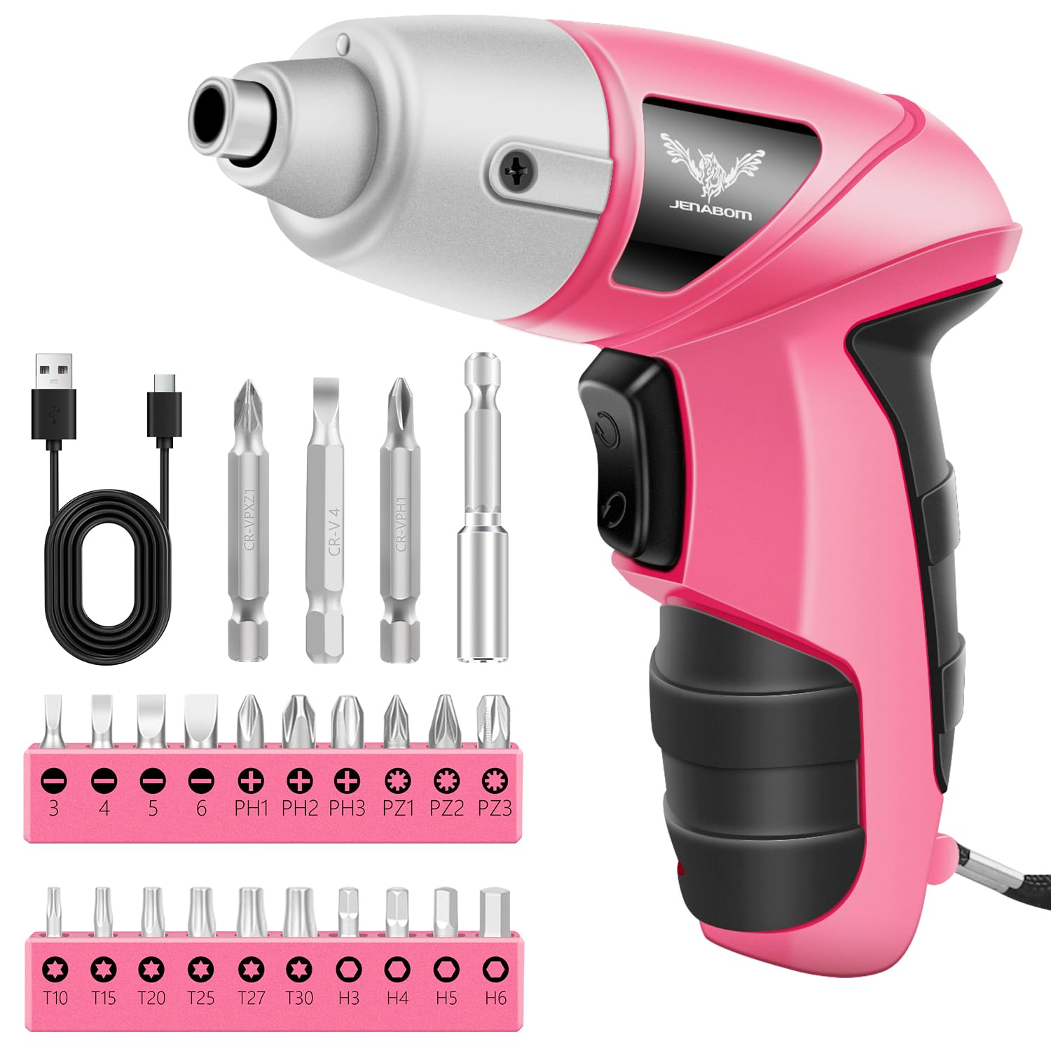 JENABOM Electric Cordless Screwdriver, 3.6V Rechargeable Screwdriver, 3.5N.m Max Torque, LED Light, 24 Pcs