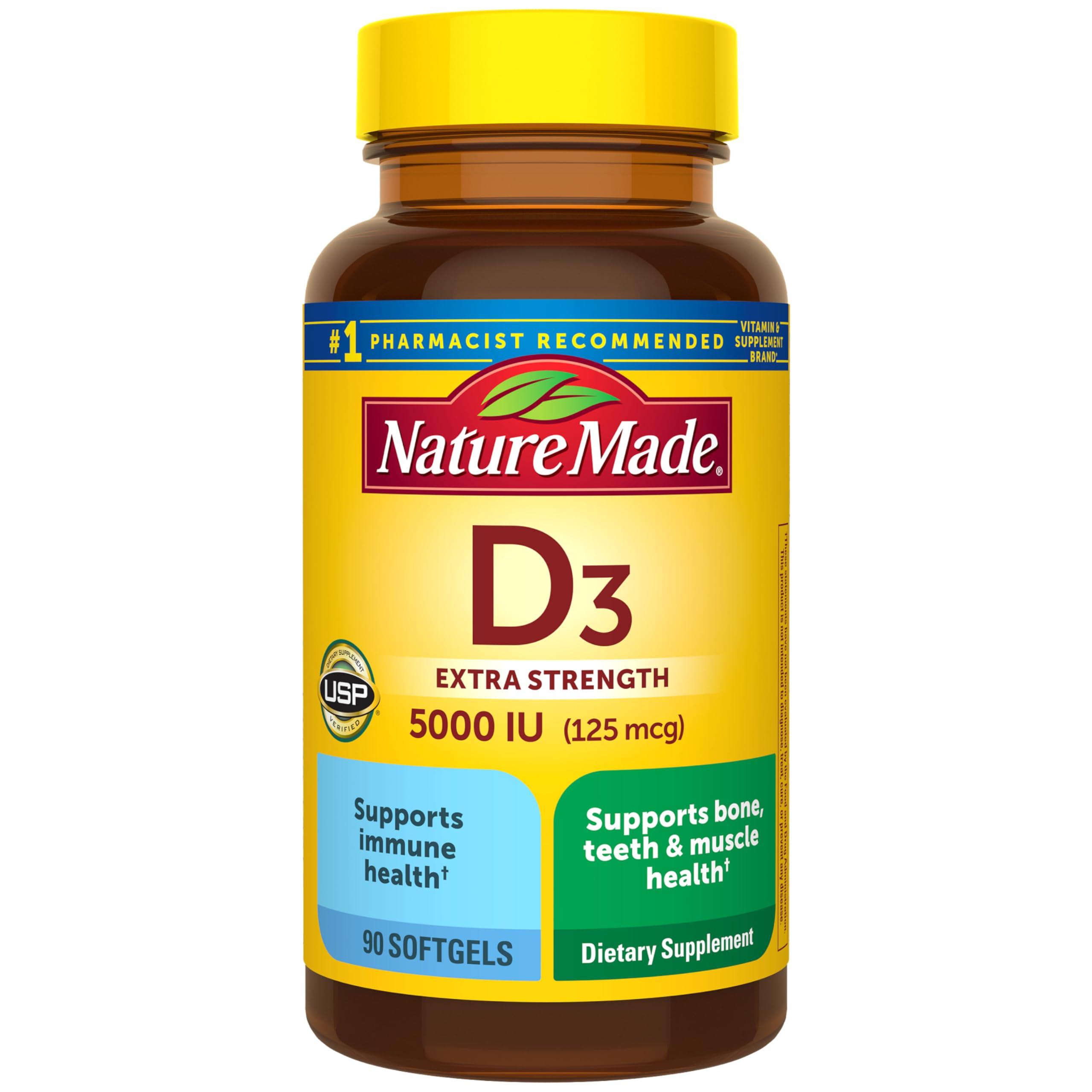 Nature Made Extra Strength Vitamin D3 5000 IU (125 mcg), Dietary Supplement for Bone, Teeth, Muscle and Immune Health Support, 90 Softgels, 90 Day Supply