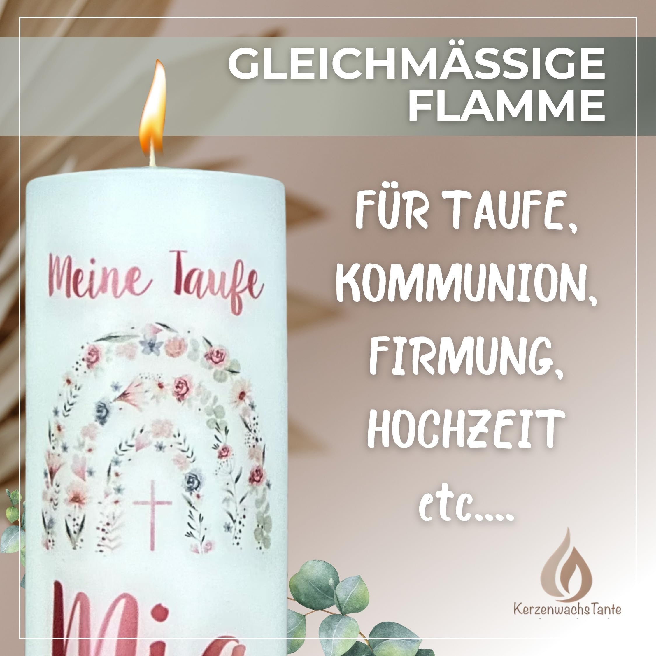 Taufkerze Kommunion Regenbogen mit Blumen und Kreuz - Mit Wunschnamen - Geschenk zur Taufe für Jungen & Mädchen – Handarbeit mit Vintage Spitze & Schleife in rosa (25x7cm)