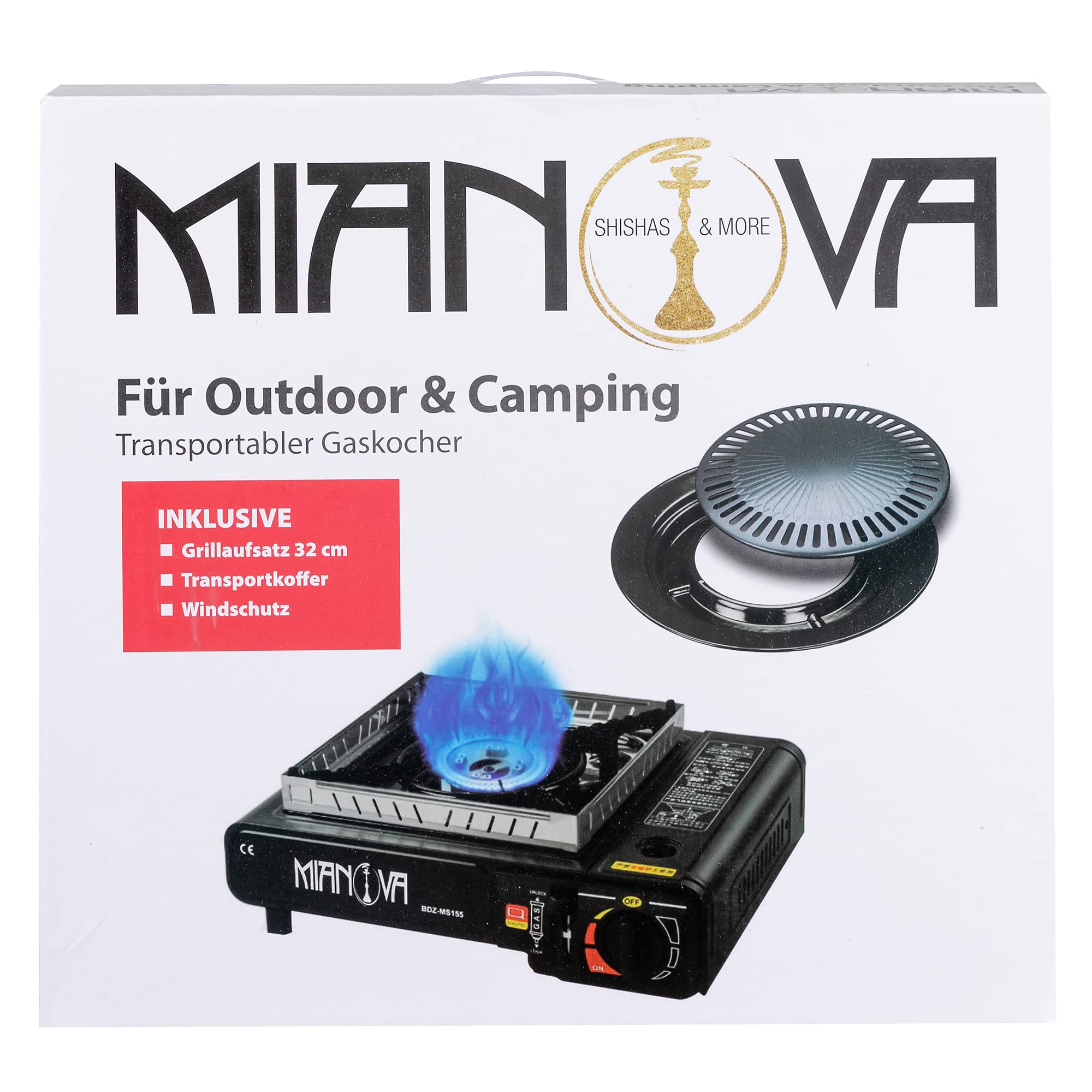 Mianova 2 in 1 LPG Anschluss Campingkocher Gaskocher Set für Gaskartuchen + Grillplatte + Koffer + Windschutz Optional mit Gas