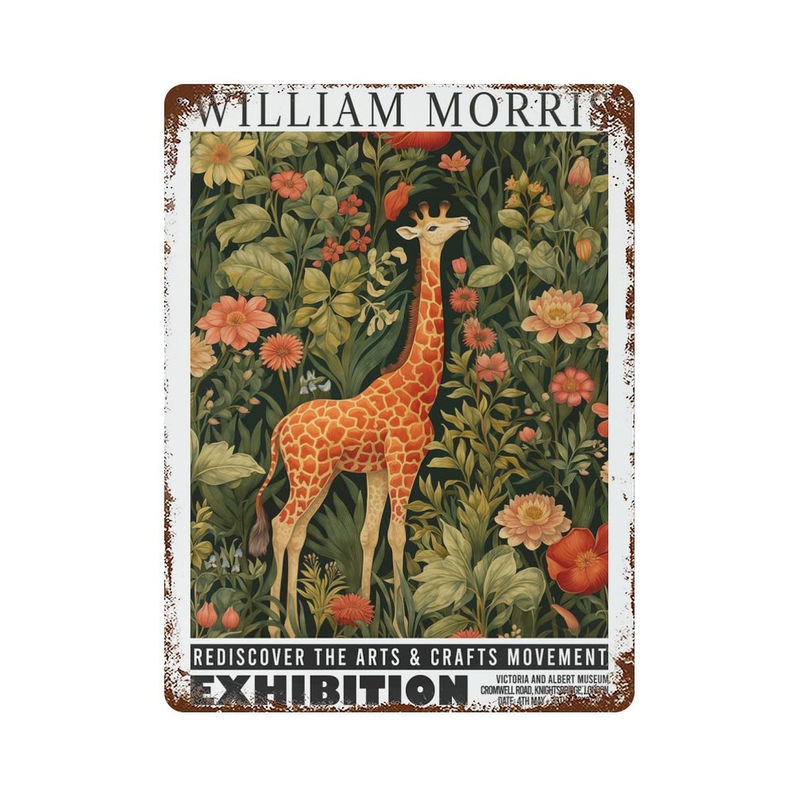 Morris Giraffe Floral Exhibition 15.7"x11.8" Vintage Rust Metal Sign, Decorative Metal Wall Art for Bistro, Counter And Cafe Decor
