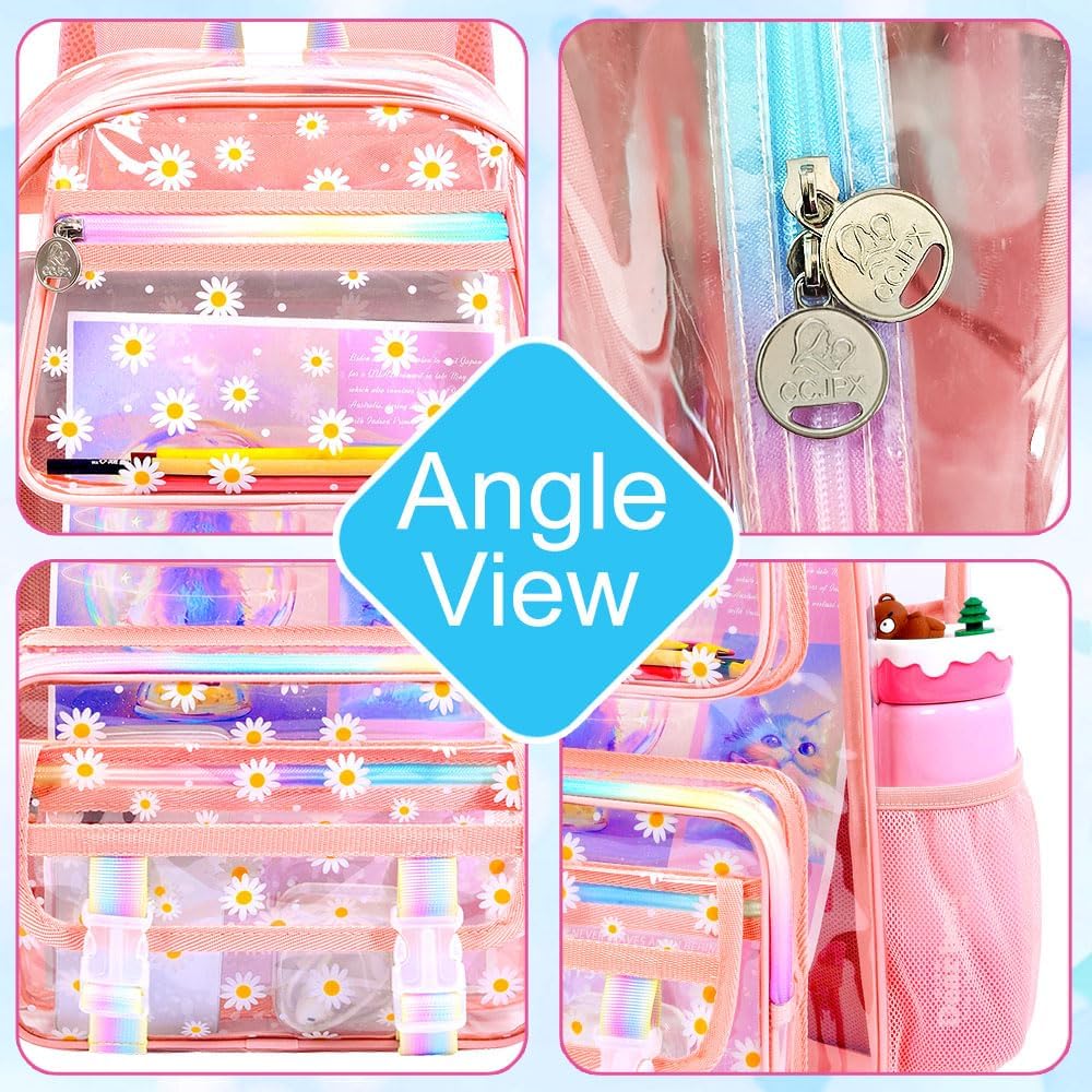 KLFVB Clear Backpack Heavy Duty, 3PCS Girls See Through School Bag Set, Cute Transparent Bookbag for Women - Chrysanthemum Pink